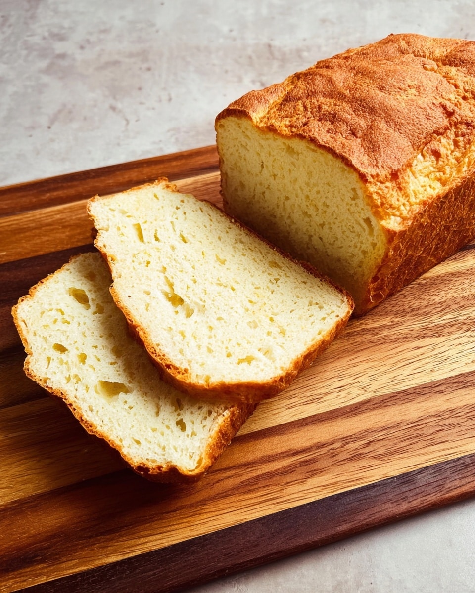 A close-up image of a freshly baked loaf of bread placed on a wooden cutting board. The loaf has a golden-brown crust with a slightly rough texture on top. Two slices are cut and lie flat next to the remaining loaf, showing a soft and airy interior with small, even holes. The crust is thin and light brown on the sides. The surface beneath is a white marbled texture. Photo taken with an iphone --ar 4:5 --v 7