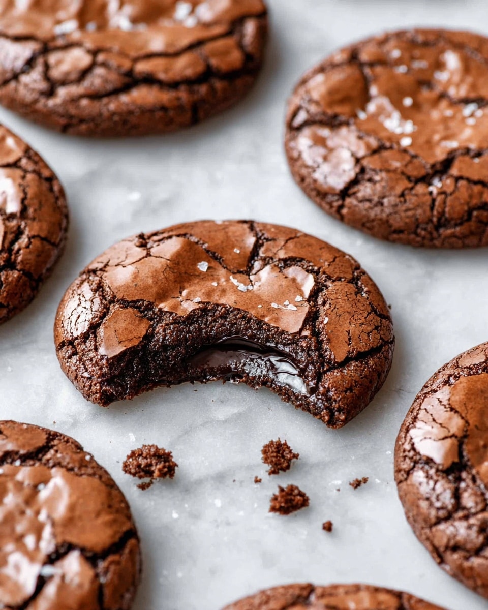 Several thick chocolate cookies are placed on a white marbled surface, each with a cracked, shiny, and slightly crinkled top layer that is a rich brown color. One cookie in the center has a bite taken out, revealing a moist, gooey, dark chocolate inside layer that looks soft and almost melted, contrasting with its firmer outer crust. Small cookie crumbs lie scattered near the bitten cookie, adding texture to the scene. The cookies are arranged in a loose pattern, with some blurred in the background to create depth. photo taken with an iphone --ar 4:5 --v 7