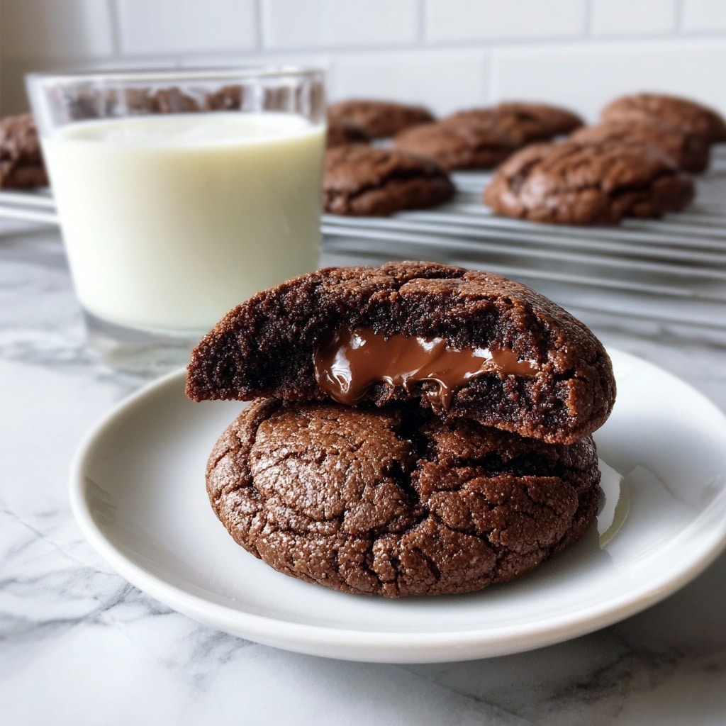 The image shows two round dark brown chocolate cookies stacked on a white plate, with the top cookie broken in half to reveal melted chocolate inside. The cookies have a soft and thick texture. Next to the plate is a clear glass filled with milk. The background is a white marbled surface with a wire rack in the distance holding more cookies. photo taken with an iphone --ar 4:5 --v 7