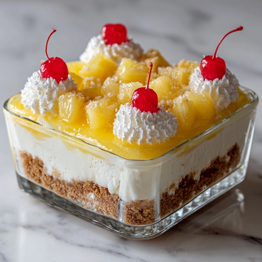 A square glass dish filled with a layered dessert is shown on a white marbled surface. The bottom layer is a light brown crumbly crust, topped with a thick white cream layer. Above the cream is a bright yellow layer made of pineapple chunks. The top is decorated with small white whipped cream dollops, each topped with a single red cherry, evenly spread across the surface. The overall look is fresh, creamy, and colorful. Photo taken with an iphone --ar 4:5 --v 7