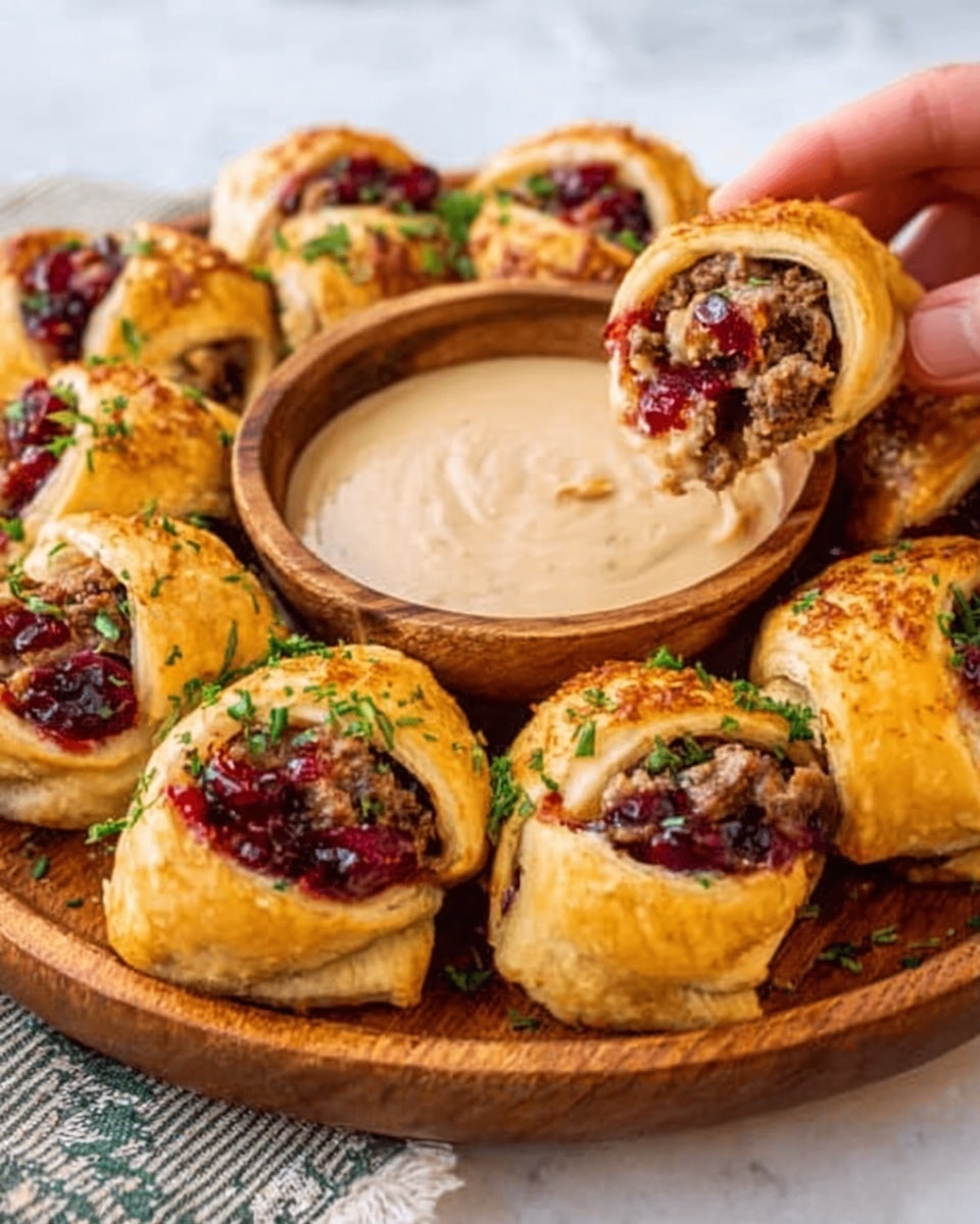 A wooden round board holds a ring-shaped pastry with layers of golden-brown baked dough folded over a deep red beet mixture, and visible bits of creamy white cheese mixed with minced meat inside the folds. The pastry is cut into segments, and each segment shows a rough texture with melted cheese on top, sprinkled with chopped green herbs. In the center of the ring, there is a small wooden bowl filled with smooth, light beige dipping sauce. The background surface is white marbled texture. photo taken with an iphone --ar 4:5 --v 7