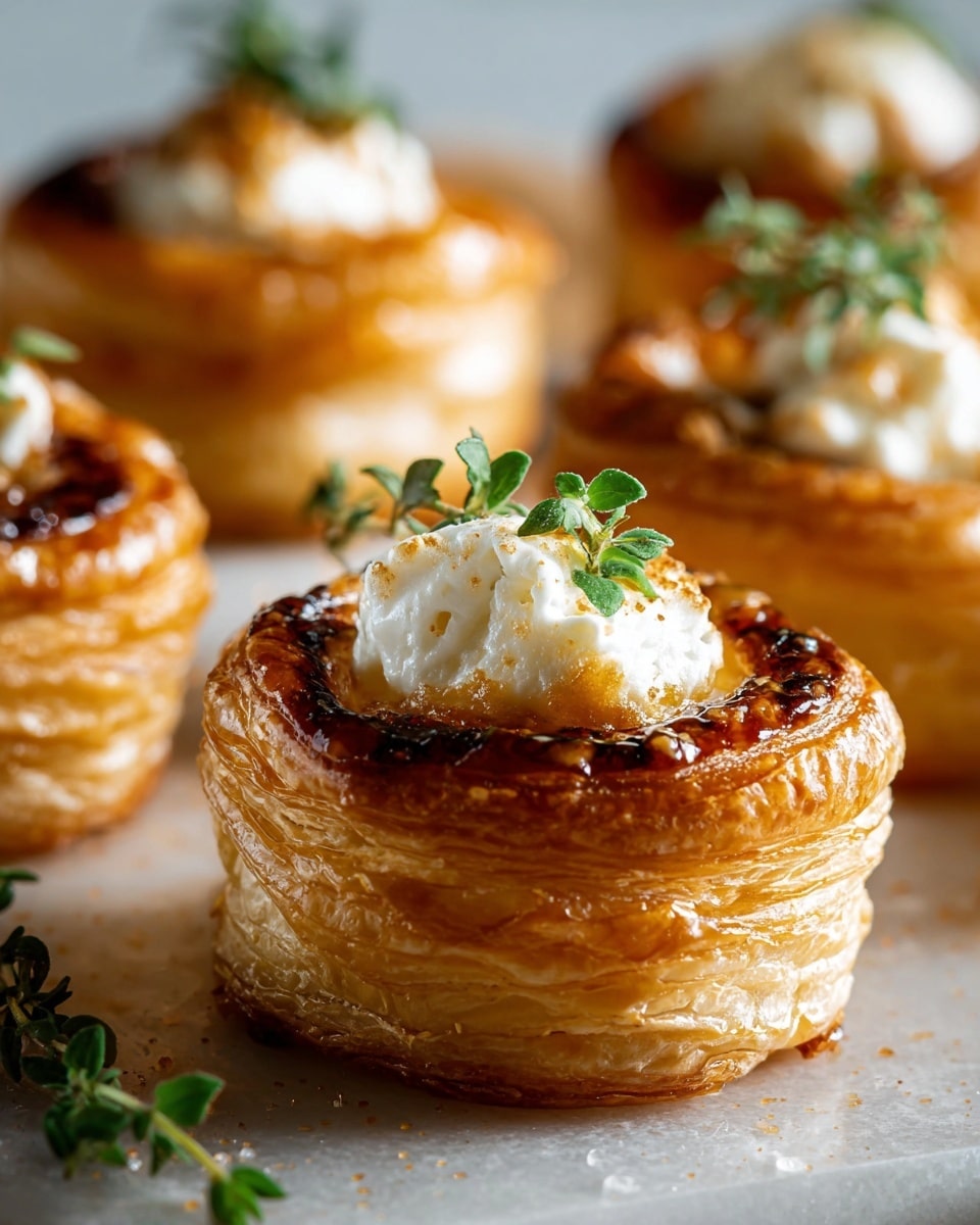 The image shows several small, round puff pastry cups arranged closely together on a white marbled surface. Each cup has multiple golden brown, flaky layers with a crispy texture. Inside each pastry cup is a white, creamy cheese filling topped with a small sprig of fresh green thyme, adding a touch of color. The cheese looks soft and slightly crumbly, contrasting the shiny, flaky pastry edges. The light reflects off the pastries, emphasizing their layered texture. Photo taken with an iphone --ar 4:5 --v 7
