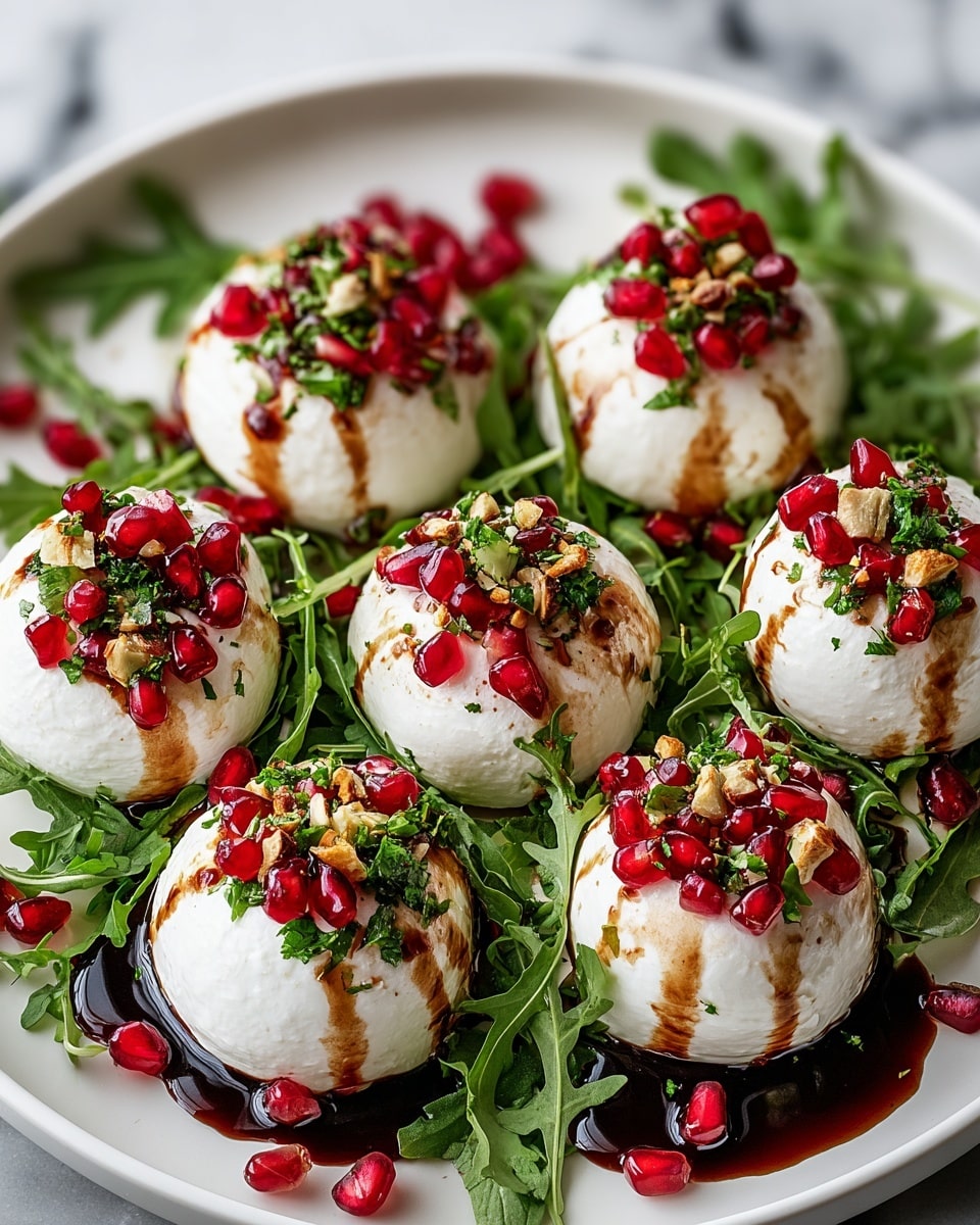 A dish with six round white balls of soft cheese placed evenly on a white plate. Each cheese ball is topped with bright red pomegranate seeds, green chopped herbs, and a drizzle of dark balsamic glaze, creating a shiny texture on top. Around the cheese balls, there is a layer of fresh green arugula leaves, some pomegranate seeds, and small bits of crushed nuts scattered to add texture. The white plate sits on a white marbled surface, enhancing the fresh and vibrant look of the dish. photo taken with an iphone --ar 4:5 --v 7