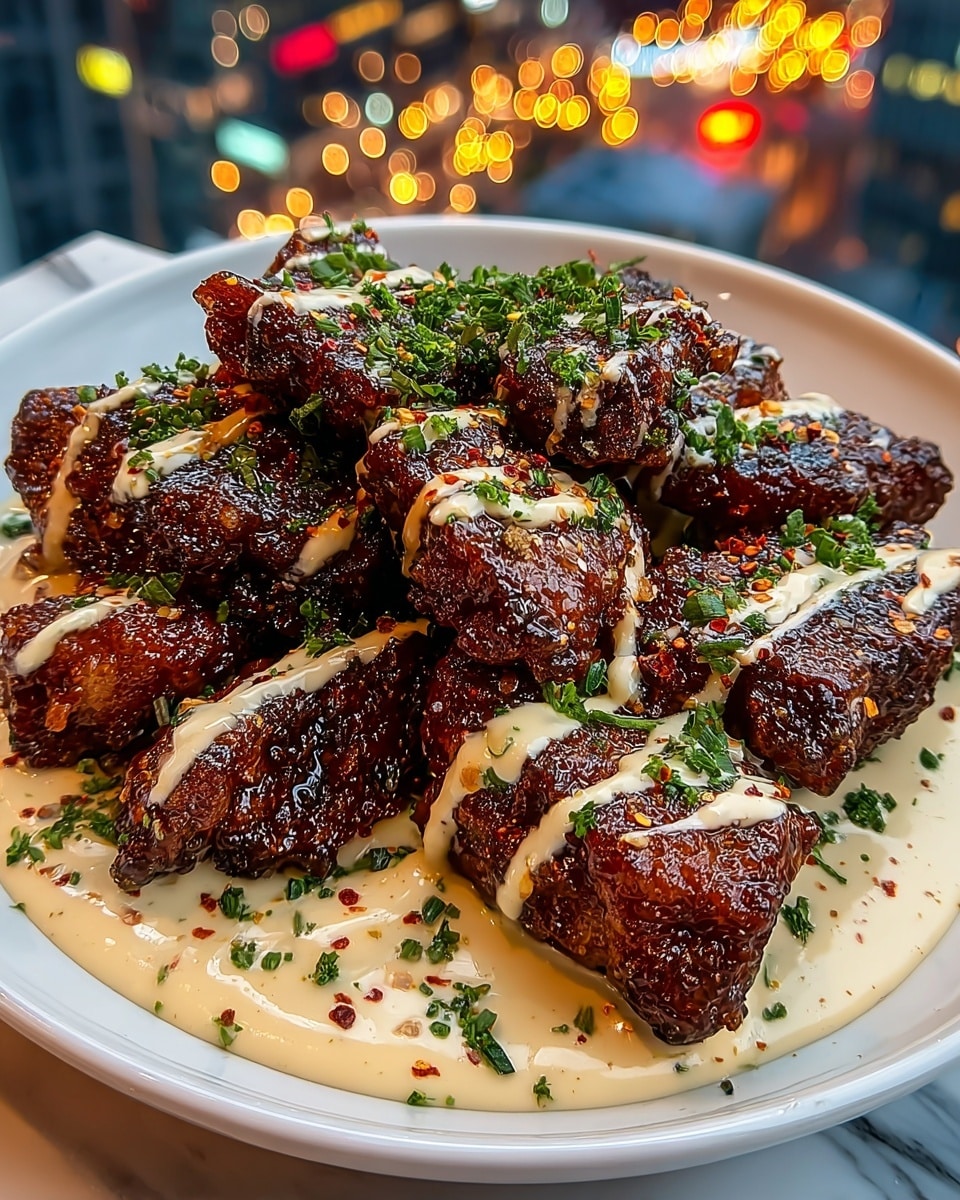 A white plate filled with a stack of dark brown, crispy grilled pieces arranged in two layers, covered with a thick creamy beige sauce that has small red specks, drizzled evenly across the top layer. Chopped green herbs are scattered on top of the sauce, adding fresh color contrast. The sauce pools slightly at the bottom of the plate, surrounding the grilled pieces. The background is a white marbled texture with blurred city lights in warm tones adding depth to the image. Photo taken with an iphone --ar 4:5 --v 7