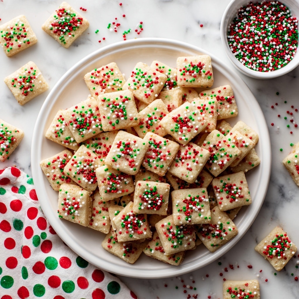 A large white plate filled with many small square cookies that are light beige in color, each topped with red, green, and white round sprinkles. Some cookies are scattered around the plate on a white marbled surface, along with a small white bowl filled with the same red, green, and white sprinkles in the top right corner. Also visible in the bottom left corner is a white cloth with red and green polka dots. The overall look is festive and bright. photo taken with an iphone --ar 4:5 --v 7