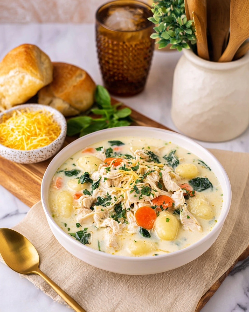 A white bowl filled with a creamy soup sits in the center, showing three main visible layers: the thick white cream broth at the bottom, small round light yellow gnocchi floating throughout, and a mix of orange carrot chunks, green spinach leaves, and shredded white chicken on top. The bowl rests on a beige napkin on a wooden board. Behind it, two broken pieces of golden brown crusty bread are placed to the right. To the top left of the bowl, there is a small white bowl filled with shredded pale yellow cheese. Next to it is a textured drinking glass with dark liquid and ice. Behind all of this is a white jar holding wooden spoons, and a green plant with veined leaves peeks in from the upper left. A gold spoon is laid in front of the bowl. All items are positioned on a white marbled surface. Photo taken with an iphone --ar 4:5 --v 7