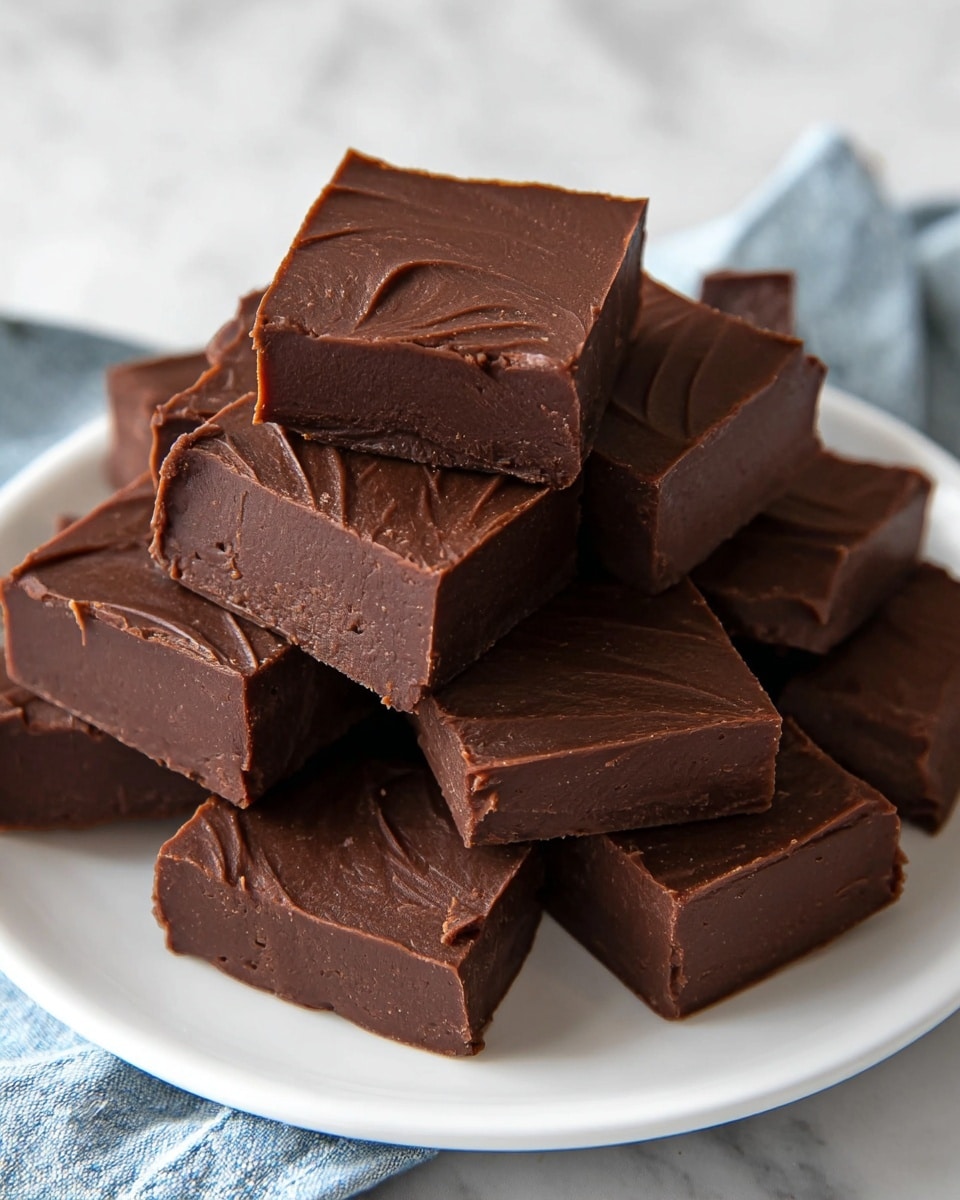 The image shows a stack of dark chocolate fudge squares, each with a smooth, thick texture and rich dark brown color. Each fudge piece is topped with three small, round candy-coated chocolates in pastel colors: light green, pale yellow, soft pink, and light blue. The fudge pieces are cut into thick squares, layered unevenly with some pieces lying flat and others leaning or stacked on top. The background is a white marbled texture that contrasts with the dark chocolate. The candies add a bright, colorful touch against the deep chocolate surface. photo taken with an iphone --ar 4:5 --v 7