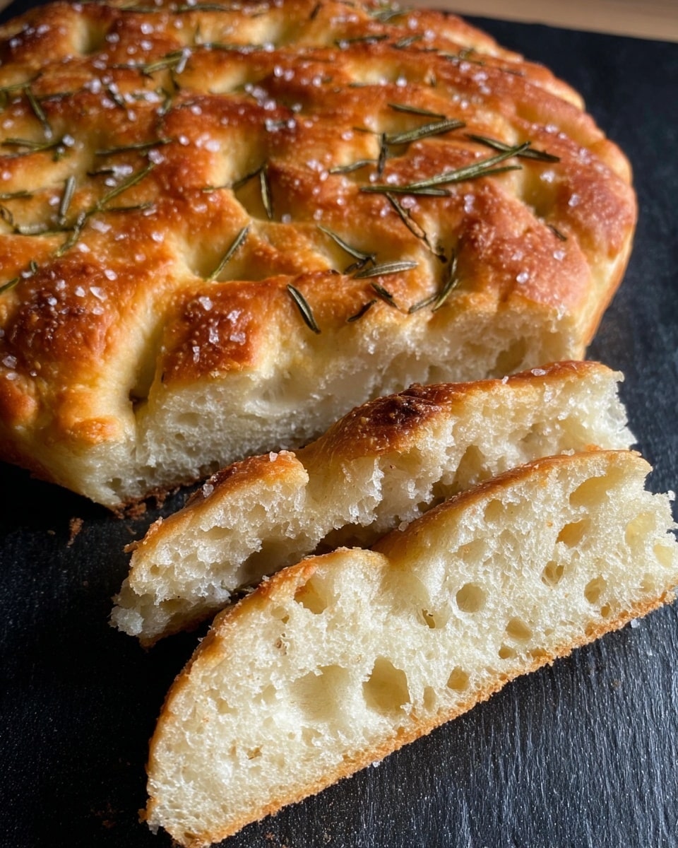 A square clear glass baking dish contains a golden-brown focaccia bread with a rough textured top. The bread shows deep soft ridges forming a spiral pattern across the top. Fresh green rosemary sprigs are placed evenly, sticking out through the bread's surface. Coarse white salt crystals are lightly scattered over the crust. The dish rests on a loosely folded white cloth on a white marbled surface. Photo taken with an iphone --ar 4:5 --v 7