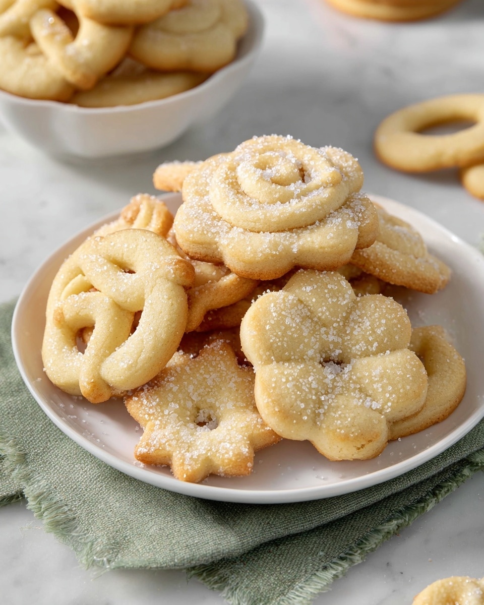 A round white tin filled with six different butter cookies, each sitting in white paper liners. The cookies have various shapes and textures: one is heart-shaped with three holes and sprinkled with coarse sugar on top; another is a rosette with a swirled pattern and golden edges; a smaller flower-shaped cookie with delicate ridges and a light golden hue; a round cookie with a spiral pattern topped with sugar crystals; and two more cookies with decorative ridges and soft golden color. Around the tin are additional butter cookies in liners, a small white bowl of coarse sugar, and a green cloth with a red-and-white striped ribbon resting on a white marbled surface. photo taken with an iphone --ar 4:5 --v 7