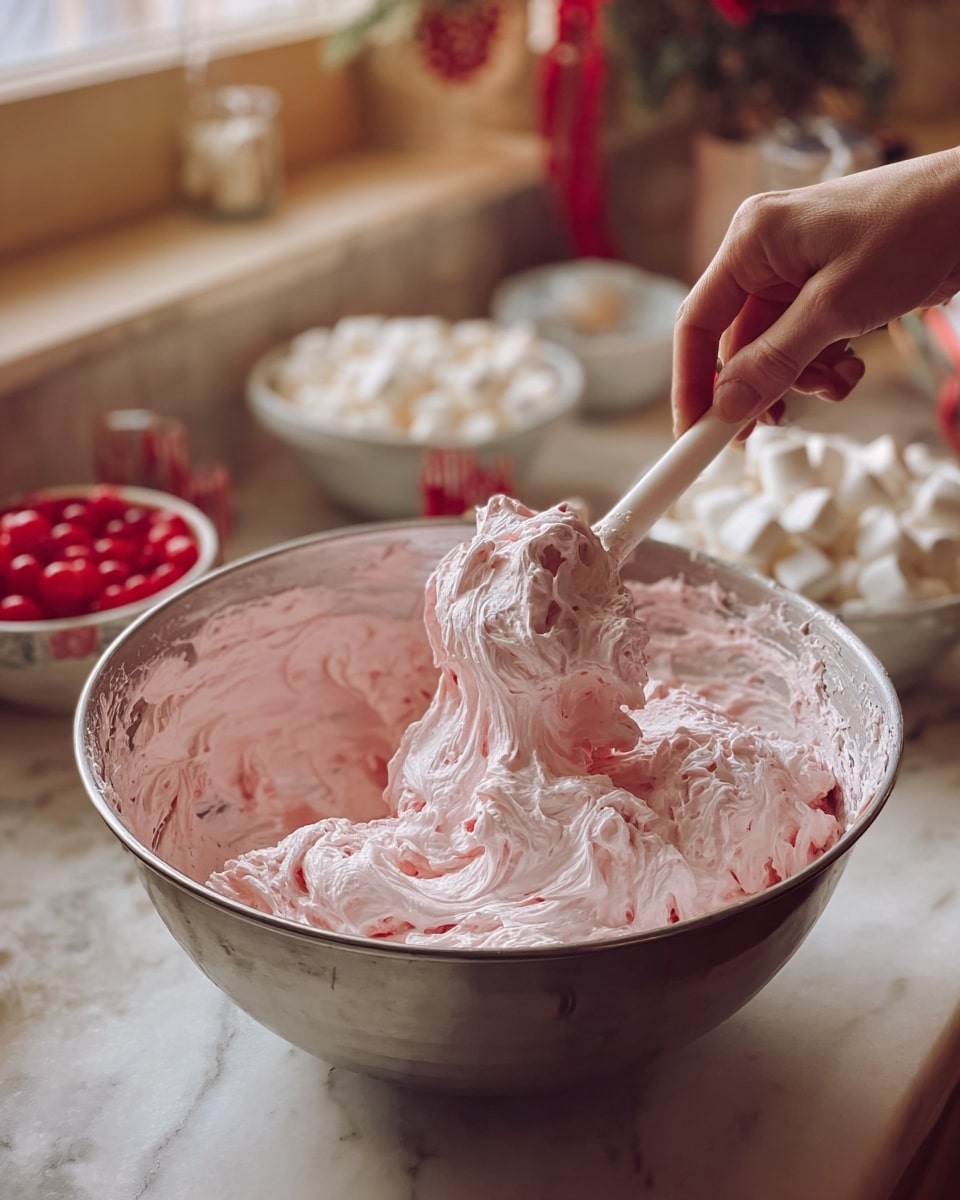 A festive dessert served in a white bowl decorated with a snowman and white snowflakes, filled to the brim with soft, pink whipped cream. The whipped cream layer is topped with small white marshmallows, crunchy chopped nuts, and bright red cherries with stems placed evenly on top. The bowl is placed on a red, green, and black plaid cloth, surrounded by pine cones, with warm, glowing lights blurred softly in the background. Photo taken with an iphone --ar 4:5 --v 7