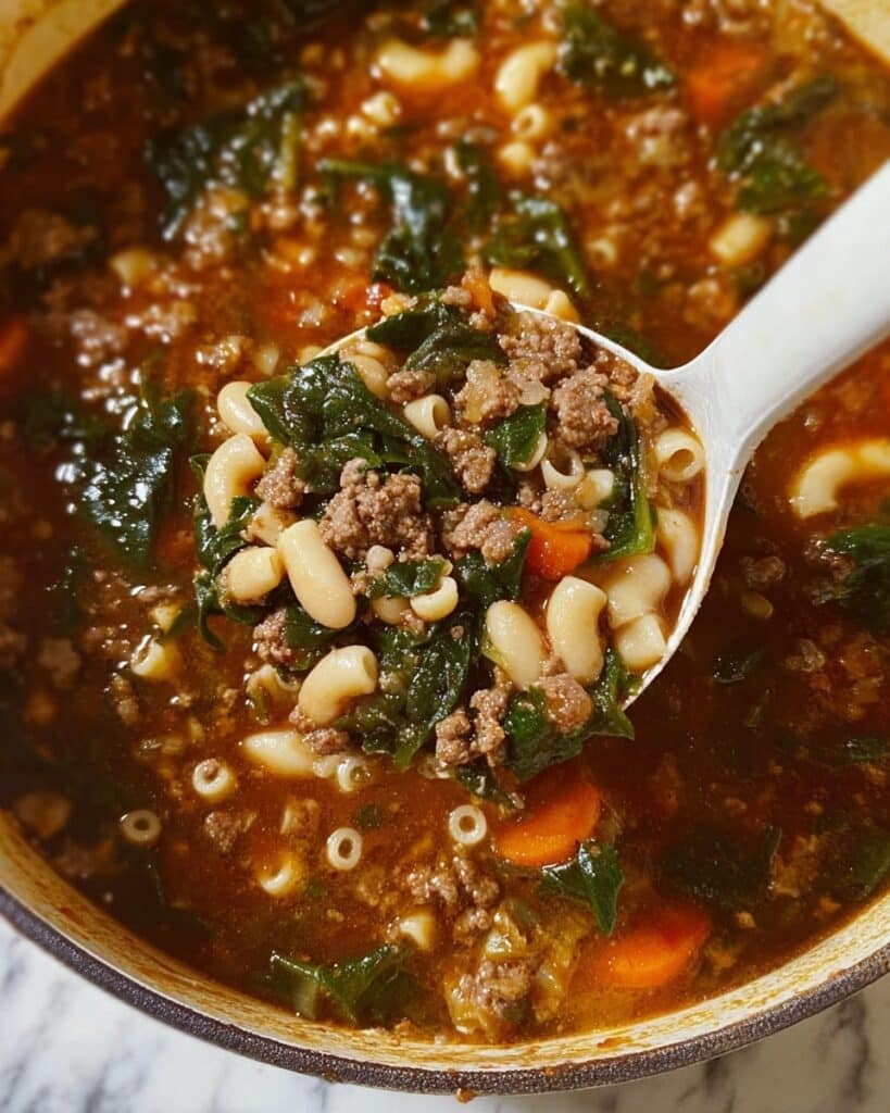 Pasta Fagioli Soup with Ground Beef, Spinach, and Parmesan Recipe