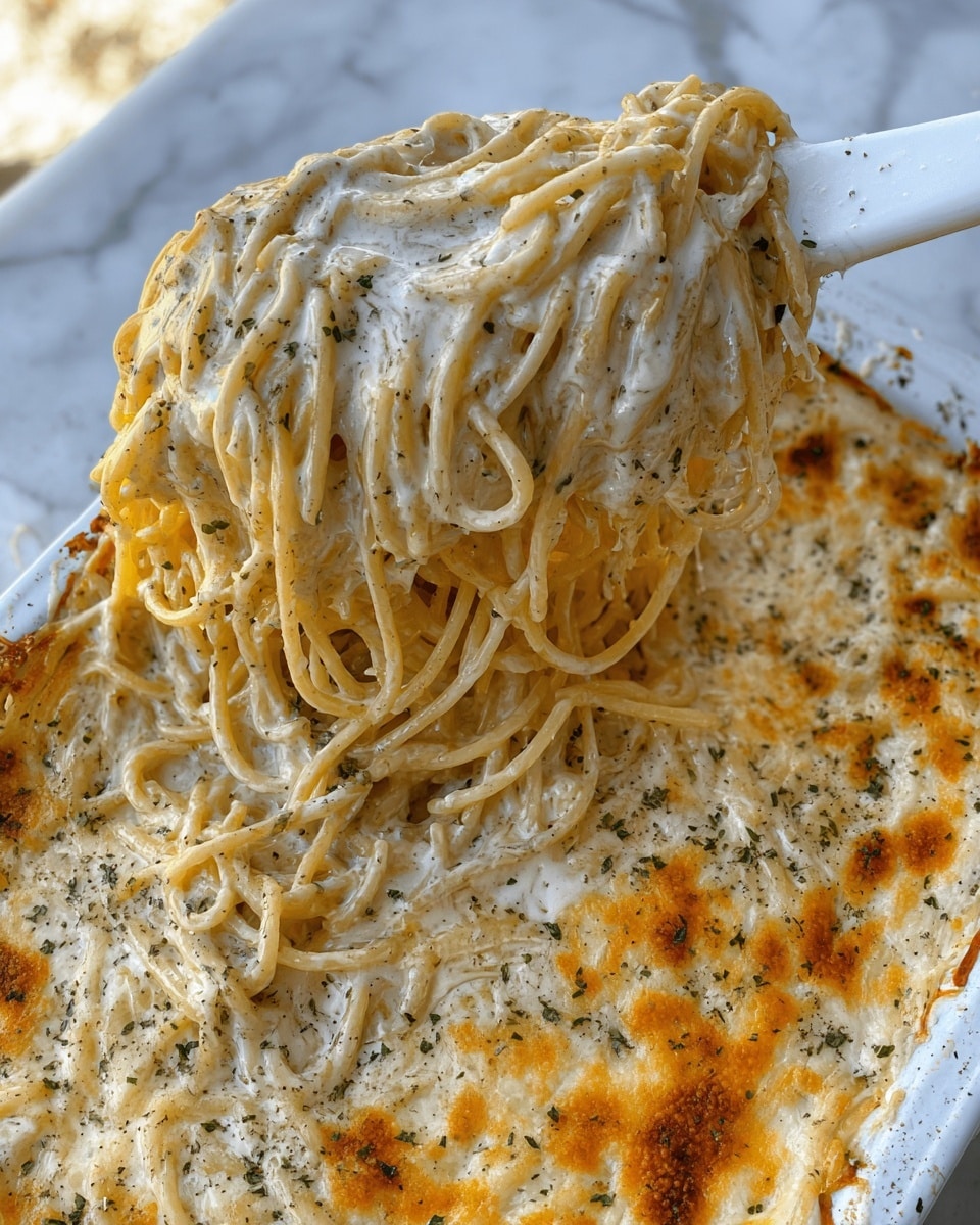 The dish shows creamy baked spaghetti in a white rectangular casserole dish. The spaghetti forms a thick top layer, coated fully with a smooth, white cheese sauce mixed with herbs. Beneath this thick pasta layer, there is a creamy white sauce base with patches of melted yellow-orange cheese scattered unevenly across it. Small green herb specks are sprinkled throughout the dish, adding contrast to the creamy colors. The edges of the pasta and sauce appear slightly baked with a browned, cheesy texture. A white spatula is lifting a dense clump of spaghetti from the right side of the dish. The setting is a white marbled texture that blends softly with the bright dish colors. photo taken with an iphone --ar 4:5 --v 7