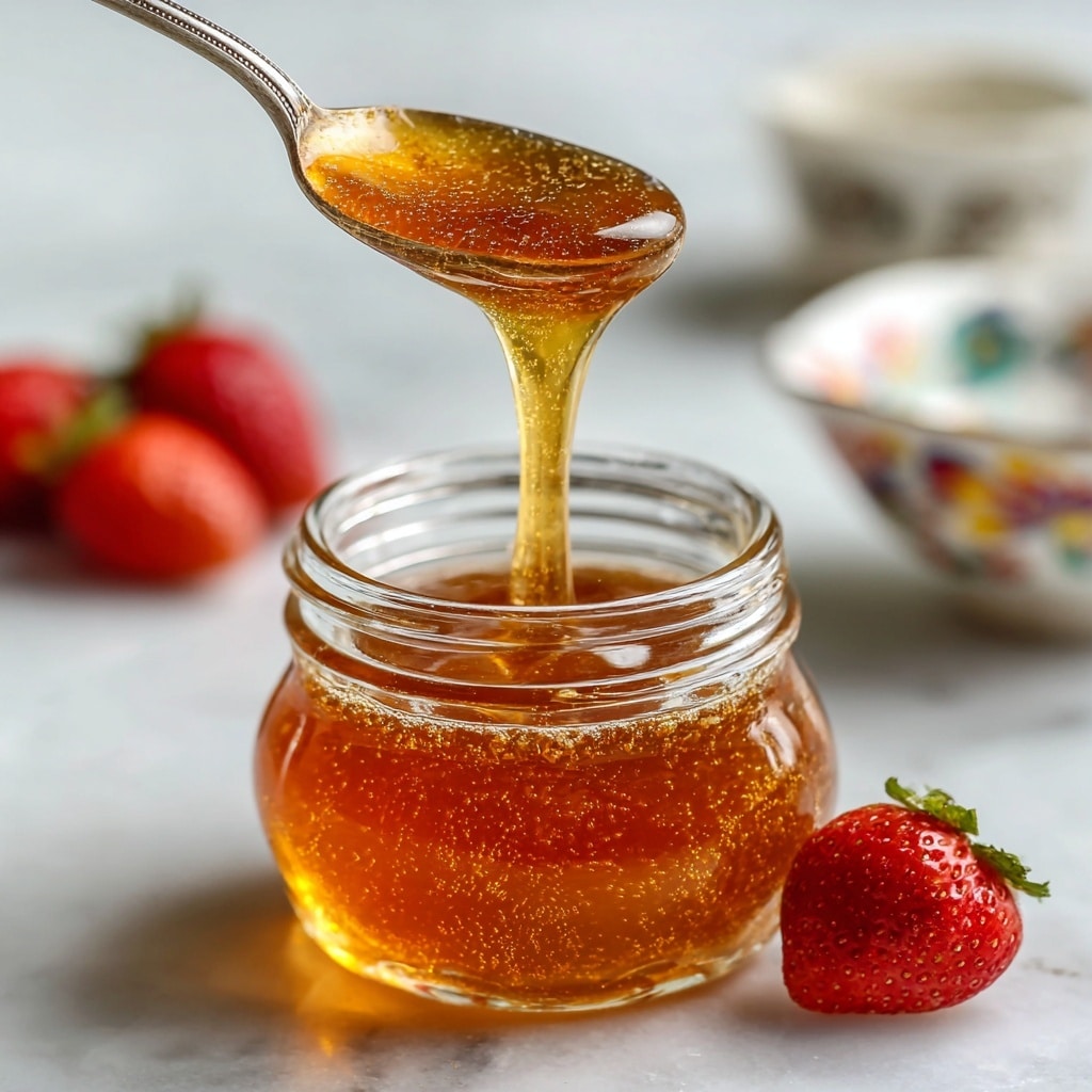 A clear glass jar filled with a thick, golden honey-like liquid, showing a smooth and shiny texture. A spoon above the jar is dripping the same golden liquid back into it, capturing the flow and thickness. Around the jar, there are a few whole strawberries with bright red color and textured skin. The setup is on a white marbled surface with a soft focus on the background, which includes parts of a white bowl with colorful patterns. The scene is bright and clean, highlighting the rich color and texture of the liquid. photo taken with an iphone --ar 4:5 --v 7