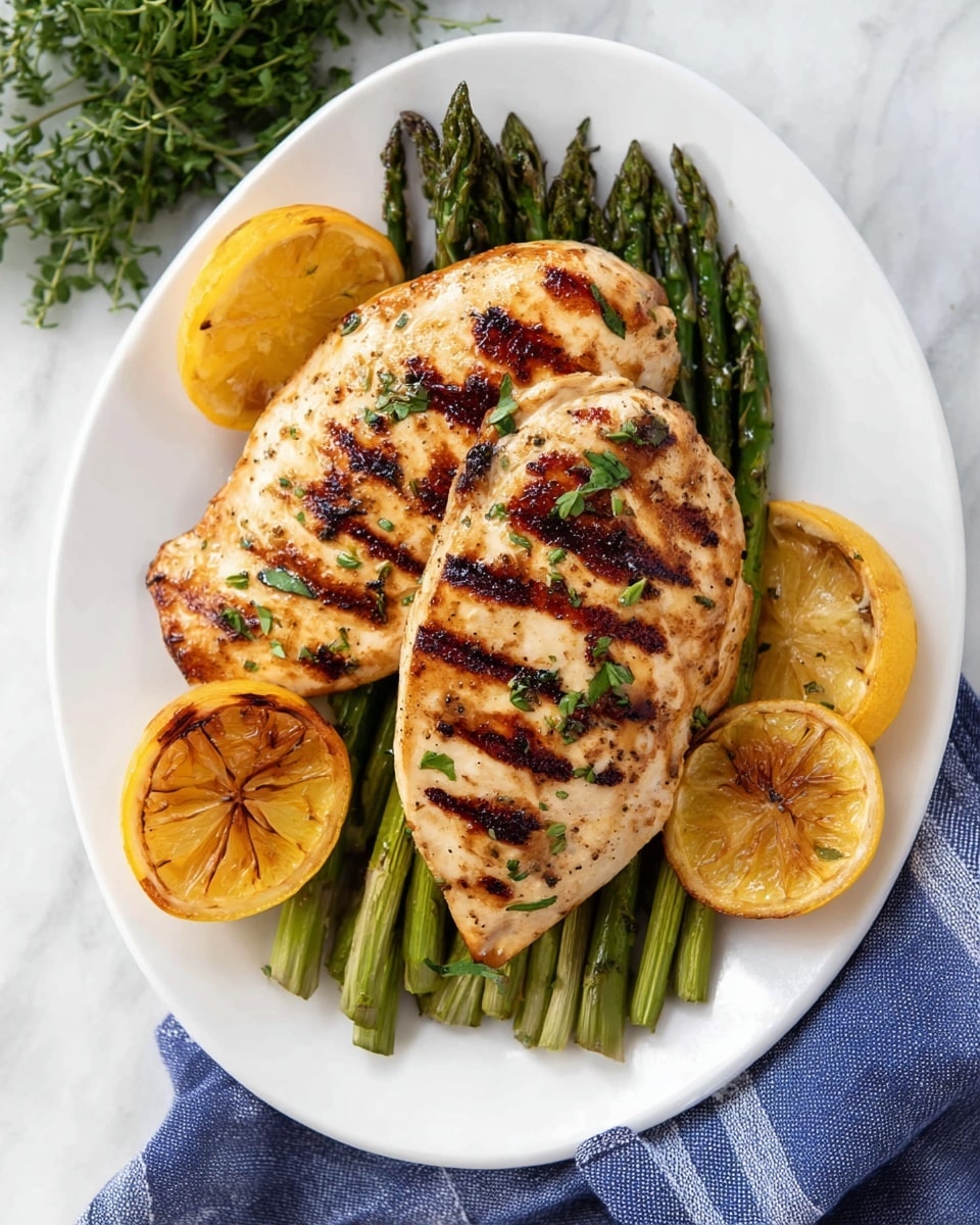 A white square plate holds a meal with two grilled chicken breasts on the right side, showing clear brown grill marks and small green herb sprigs on top. Underneath the chicken are three grilled lemon slices with a slightly charred texture and golden-brown edges. On the left side of the plate, a bunch of green asparagus spears with some char marks lean against the chicken. The plate is set on a surface with a white marbled texture, next to a blue and white striped cloth napkin. Photo taken with an iphone --ar 4:5 --v 7