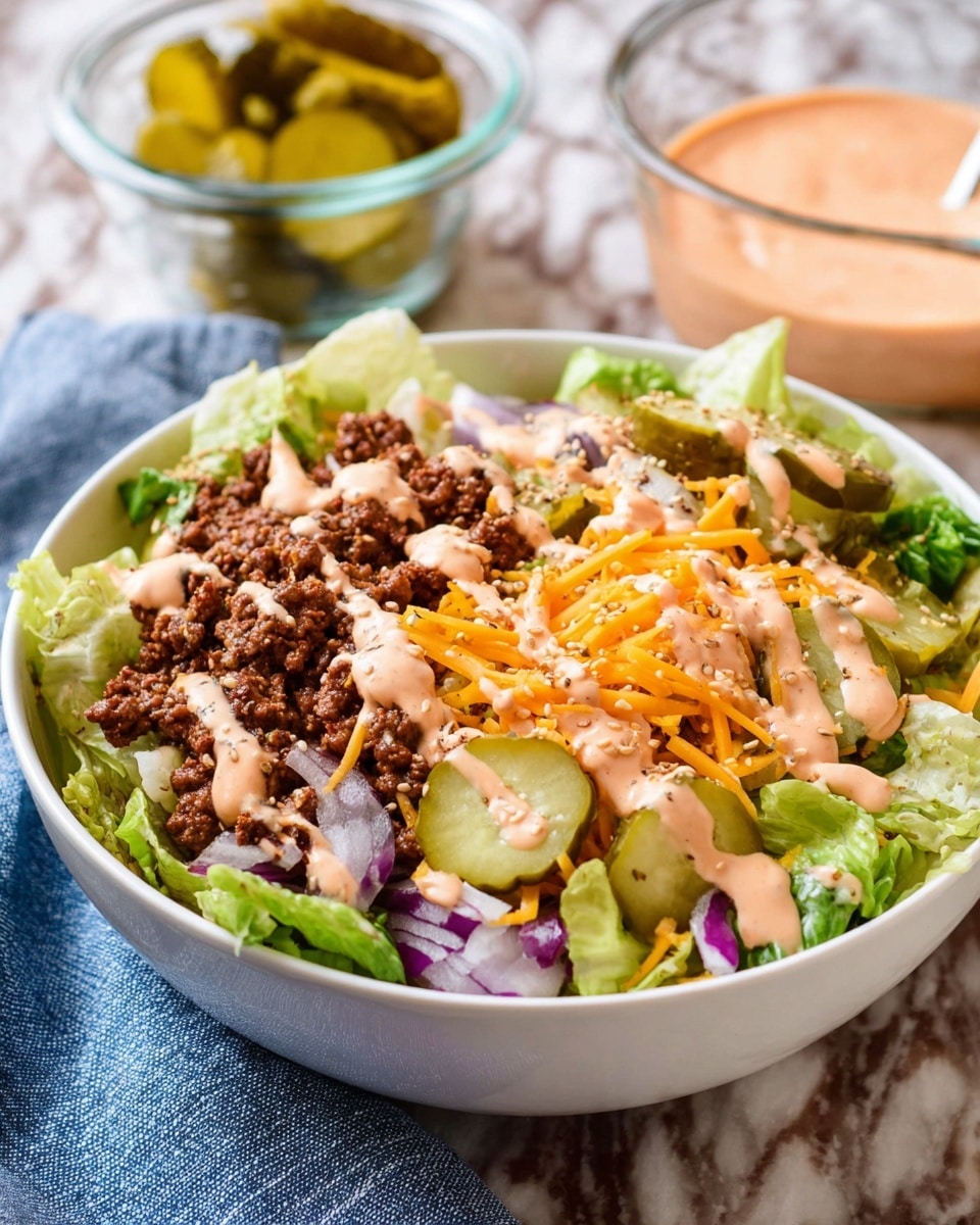 A white bowl filled with a layered salad starting with a base of green leafy lettuce, topped with small chunks of cooked brown ground meat, then spread with thin orange shredded cheese. Slices of green pickles are placed over the cheese, and the dish is sprinkled with small diced purple onions. A creamy pinkish-orange dressing is drizzled over the top, with black pepper and small white sesame seeds scattered across. A silver fork rests inside the bowl on the left side, all set on a white marbled surface with a blue cloth nearby. Photo taken with an iphone --ar 4:5 --v 7