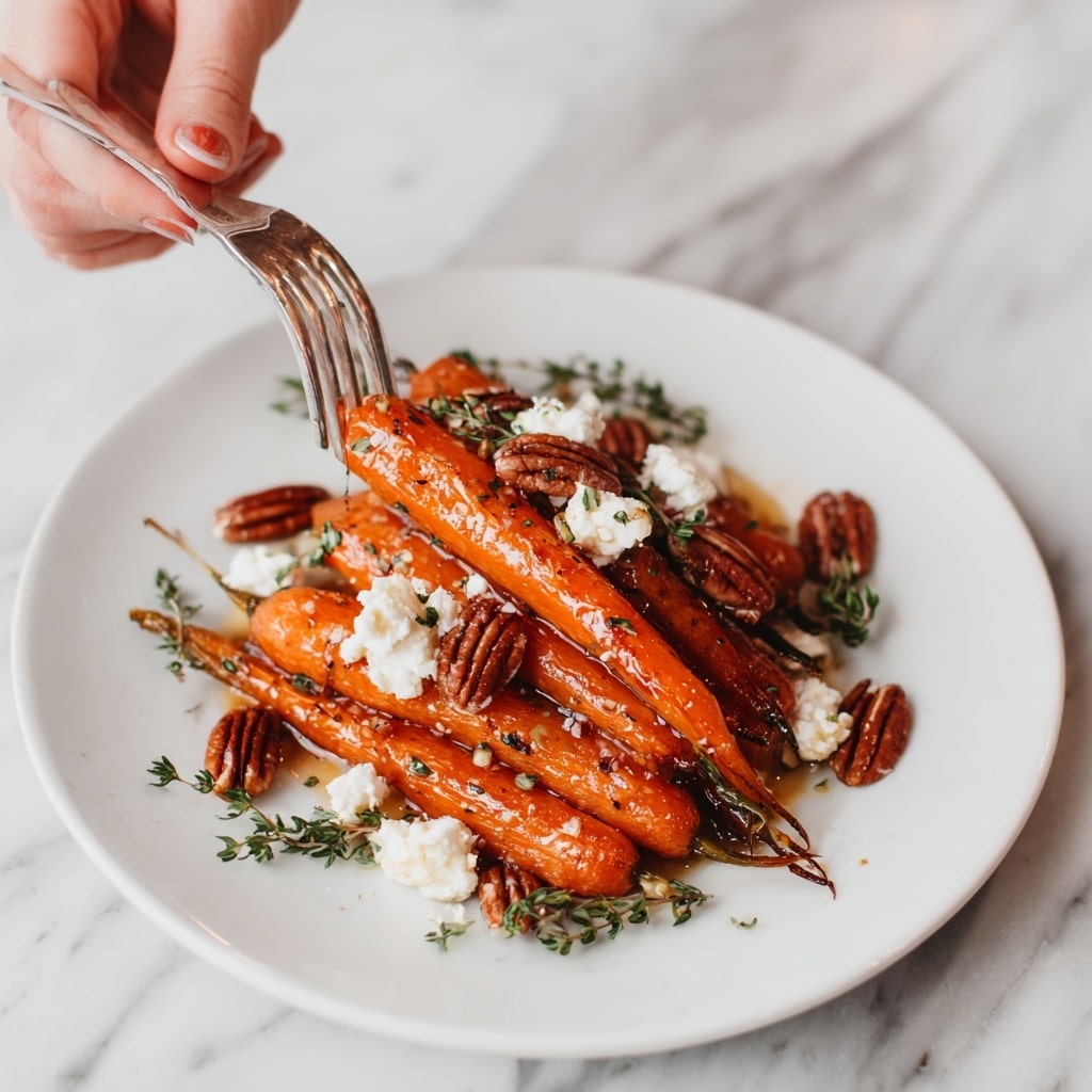 The dish shows three roasted carrots with a shiny, glazed orange surface, arranged in a small stack on a white plate. Around and on top of the carrots are scattered brown pecan halves and soft, white dollops of cheese. Fresh green sprigs of thyme are sprinkled on and around the carrots for garnish. A woman's hand holding a fork is pressing one carrot down, giving a sense of texture and softness. In the background, the surface is a white marbled texture, keeping the focus on the colorful, natural tones of the food. photo taken with an iphone --ar 4:5 --v 7