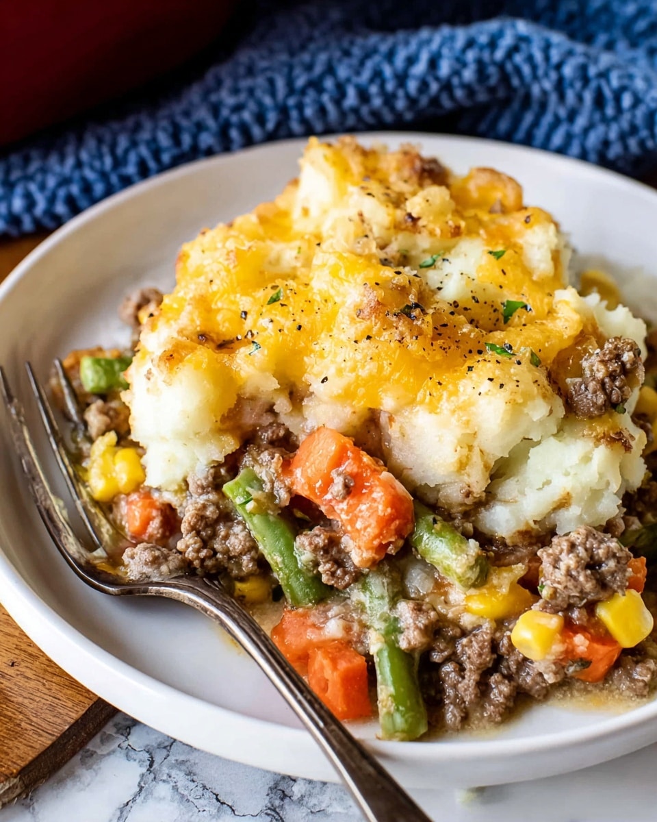 A close-up of a white plate showing a layered casserole dish. The bottom layer is mashed potatoes, white and slightly fluffy with rough texture. Above it, there is a mix of cooked ground beef, brown and crumbly, and diced vegetables including orange carrots, green beans, and yellow corn kernels, all soft and mixed in a creamy sauce. The top layer is a golden-brown baked cheese with some melted spots and black pepper sprinkled over it. The dish looks hearty and warm, with a fork placed on the edge of the plate and a blue textured cloth in the background on a white marbled surface. Photo taken with an iphone --ar 4:5 --v 7