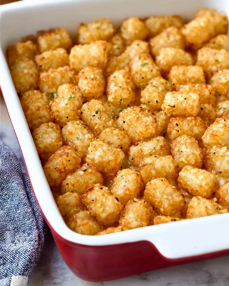 A white square baking dish filled with a single thick layer of golden-brown tater tots, evenly cooked and sprinkled lightly with black pepper. The tater tots have a crispy texture on the outside, showing slight browning with a starchy surface pattern. The dish sits on a white marbled textured surface with a blue and white cloth partially visible on the side. Photo taken with an iphone --ar 4:5 --v 7