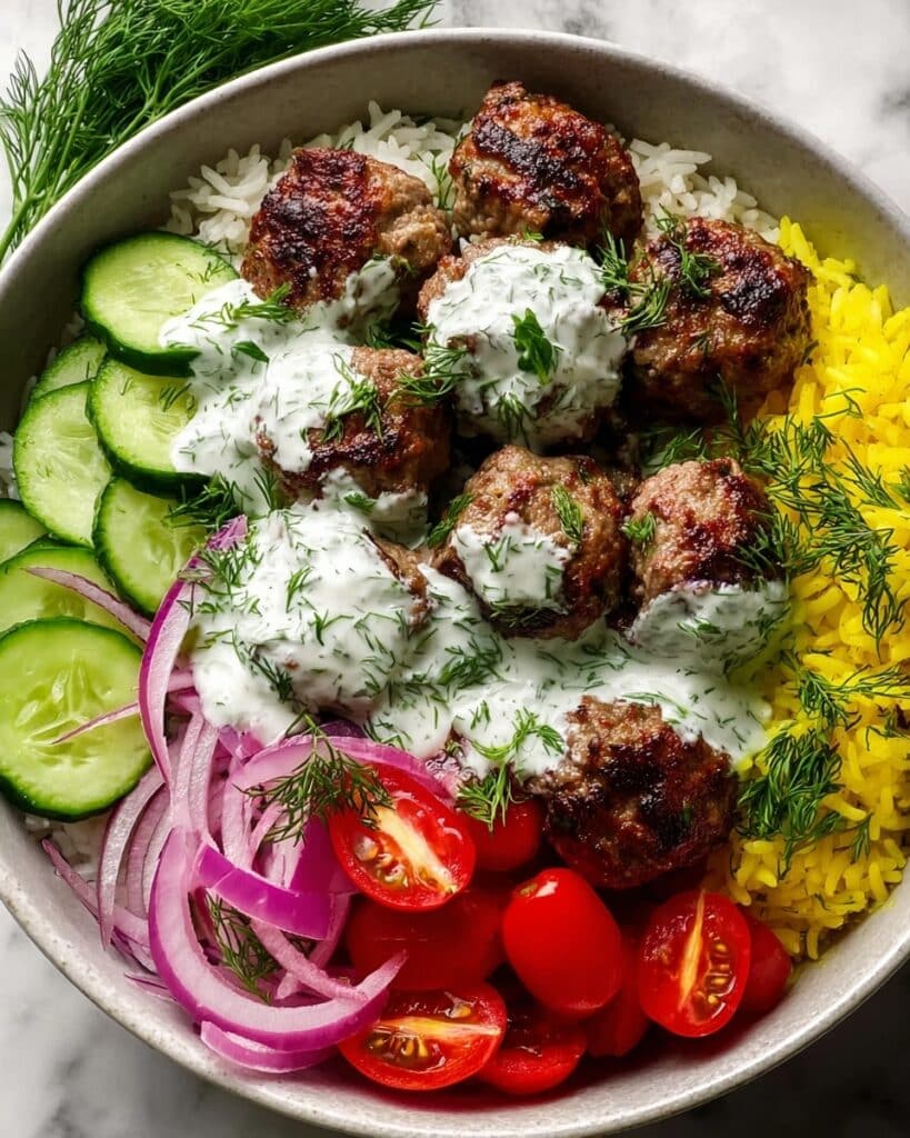 Mediterranean Meatball Rice Bowl with Tzatziki and Fresh Veggies Recipe