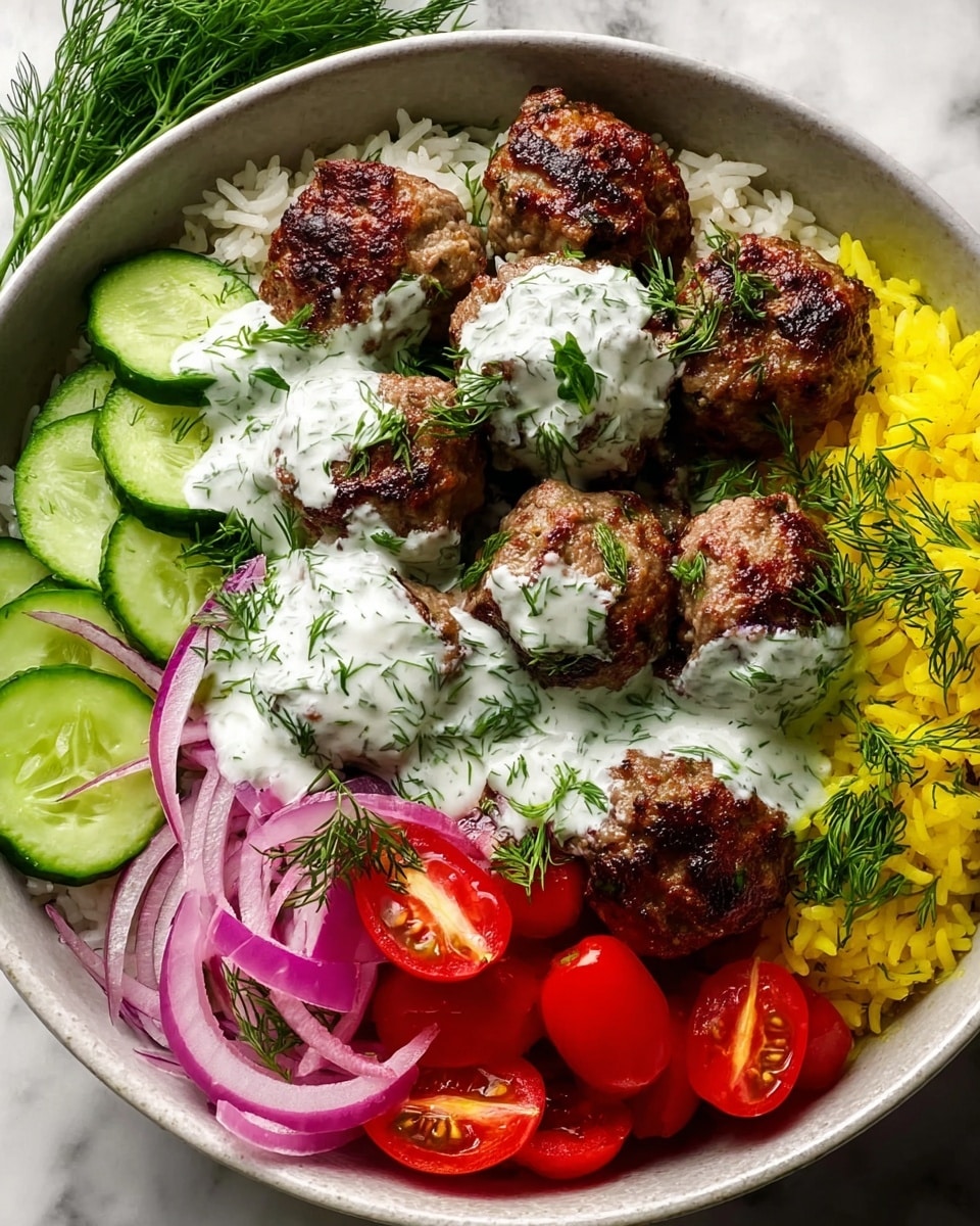 The image shows a white bowl filled with six browned meatballs placed on a bed of white rice. The meatballs have a creamy white sauce with green herbs drizzled over them. Surrounding the meatballs are bright yellow shredded cheese on the left, thinly sliced green cucumbers, chopped red cherry tomatoes, and thin rings of purple onions on the right side. The bowl sits on a white marbled surface. Photo taken with an iphone --ar 4:5 --v 7