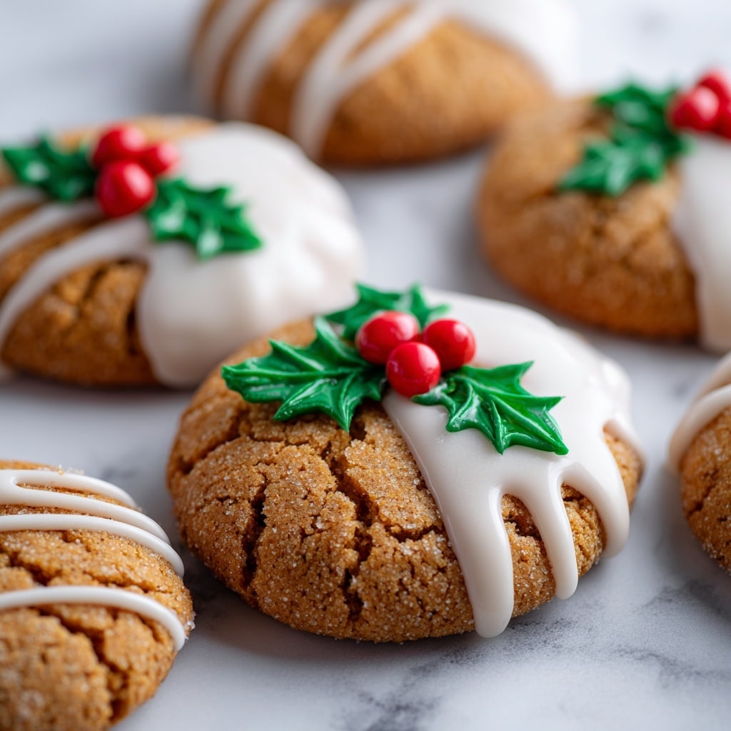 The image shows several round, light brown cookies with a cracked texture, each partially dipped in smooth white icing covering about half to a little more than half of the cookie's surface. On top of the white icing, there are thin white icing drizzle lines going across in a zigzag pattern. Each cookie has a small green holly leaf decoration with two leaves and a single bright red berry near the edge of the dipped icing. The cookies are arranged on a surface with a white marbled texture. photo taken with an iphone --ar 4:5 --v 7
