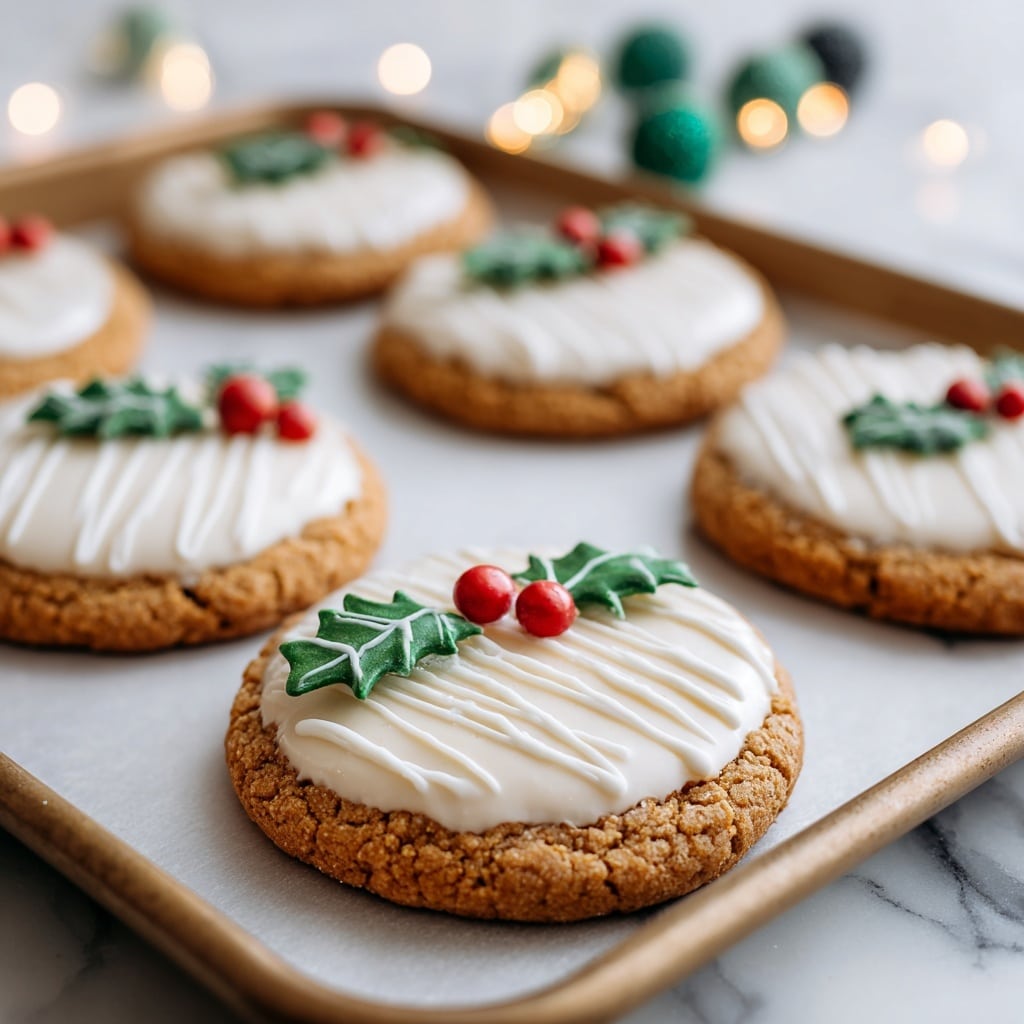 A baking tray holds several round cookies that are light brown and cracked on the surface, each dipped halfway in smooth white icing. Over the white icing, there are delicate drizzles of white icing running vertically down the dipped side. On the edge of each cookie, where the icing ends, there is a small decoration of three green leaves and two red berries, resembling holly leaves. The tray rests on a white marbled texture with blurred green and white round light spots in the background. Photo taken with an iphone --ar 4:5 --v 7