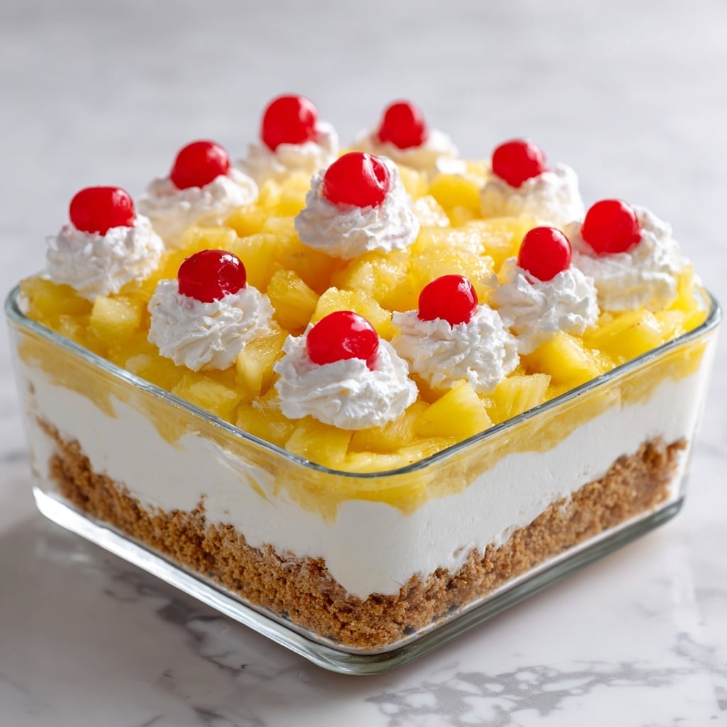 This image shows a square dessert in a clear glass dish with four visible layers. The bottom layer is a crumbly light brown crust made from crushed cookies or biscuits. On top of the crust is a thick white creamy layer, smooth and soft in texture. Above the cream is a glossy, bright yellow layer made of small pineapple chunks and jelly, arranged evenly but with some pieces slightly piled. The top layer has dollops of white whipped cream, each topped with a single red cherry, adding a pop of color. The dish is placed on a white marbled surface. photo taken with an iphone --ar 4:5 --v 7