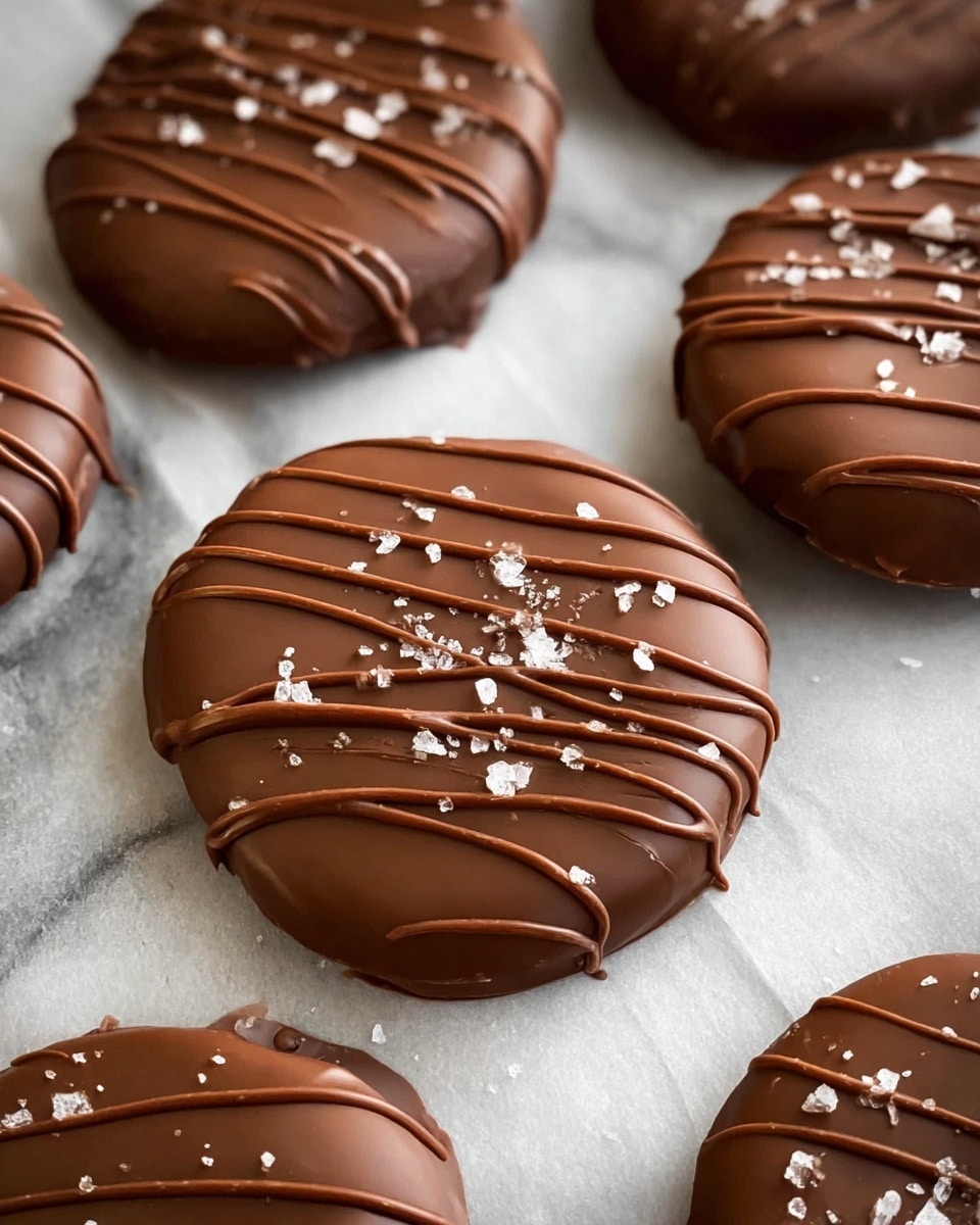 The image shows a stack of four round chocolate-covered treats placed on a white marbled surface. The bottom three treats are whole, coated in smooth milk chocolate with a drizzle of darker chocolate on top, creating a textured, wavy pattern. The top treat is cut in half and placed horizontally, revealing a thick, creamy white center surrounded by a thin layer of milk chocolate. The chocolate coating on the cut piece is slightly rough at the edges, showing the contrast between the rich brown chocolate and the soft white filling inside. Small white sprinkles are scattered on the chocolate surfaces, adding a touch of decoration. Photo taken with an iphone --ar 4:5 --v 7