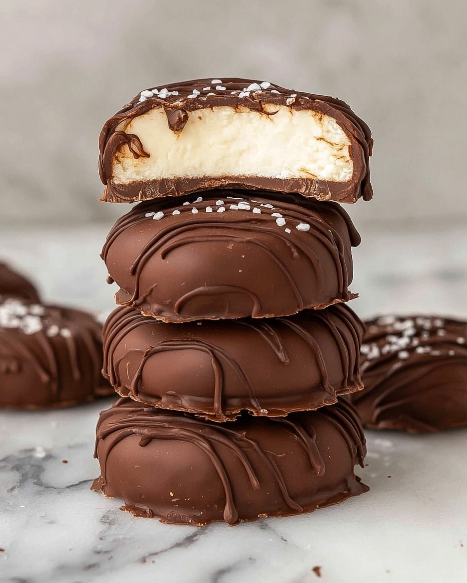 The image shows several round chocolate treats laid out on a sheet of parchment paper over a white marbled surface. Each treat has a smooth, glossy dark brown chocolate layer as the base with thin, wavy lines of slightly lighter chocolate drizzled over the top. Scattered on the surface of each are small white crystals of sea salt, adding contrast to the rich brown tones. The treats appear thick and glossy, with a soft texture suggested by the smooth chocolate coating and delicately decorated tops. The photo taken with an iphone --ar 4:5 --v 7