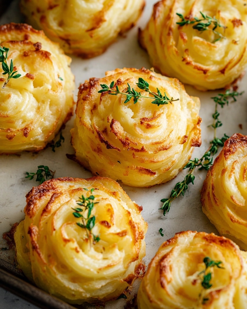 The image shows several round, golden-brown mashed potato swirls on a baking tray. Each swirl has three visible layers of soft and creamy mashed potatoes with slightly browned, crispy edges. Small green herb sprigs, likely thyme, are placed on top of each swirl for decoration. The mashed potatoes have a smooth texture with some lightly browned spots on the top edges, adding a bit of crunch. The tray beneath has a rustic, slightly worn look, and everything is set against a white marbled surface. photo taken with an iphone --ar 4:5 --v 7