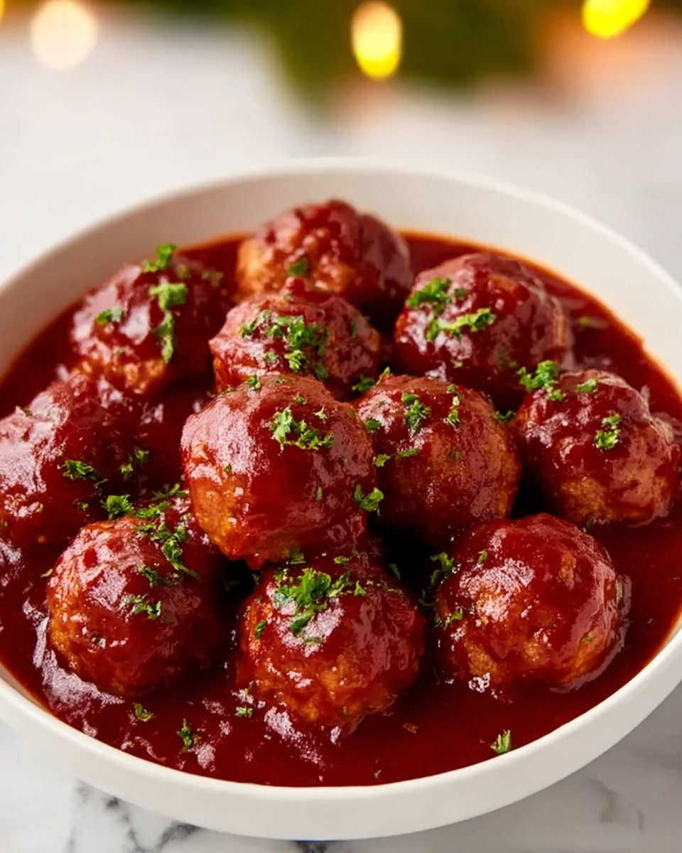 A white bowl filled with round meatballs covered in a thick, shiny, deep red sauce, with small pieces of fresh green herbs sprinkled on top. The meatballs have a light brown, slightly rough texture under the sauce. The bowl sits on a white marbled surface, and in the background, there is a small green plant and red round objects that are out of focus, adding a festive touch. Photo taken with an iphone --ar 4:5 --v 7