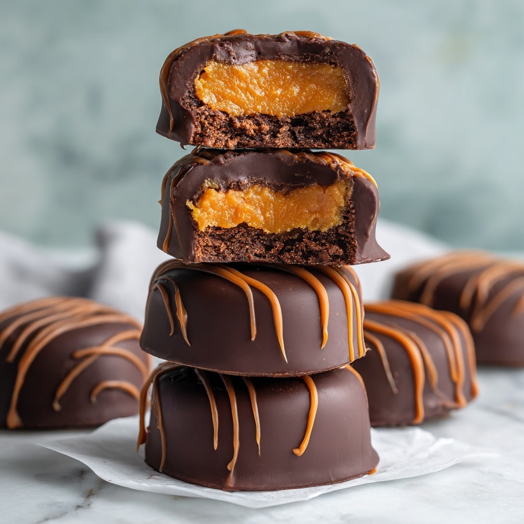 A tall stack of six round chocolate-covered treats rests on a small square of white paper on a white marbled surface. The bottom four pieces are fully coated in smooth dark chocolate with thin swirls of caramel-colored drizzle over the top, adding texture and a slight shine. The top two pieces are cut in half, showing a thick layer of bright orange filling sandwiched between a chocolate base and chocolate coating on top. The layers inside look dense and slightly crumbly, contrasting with the glossy chocolate outside. The background is softly blurred, making the stack look rich and inviting. photo taken with an iphone --ar 4:5 --v 7
