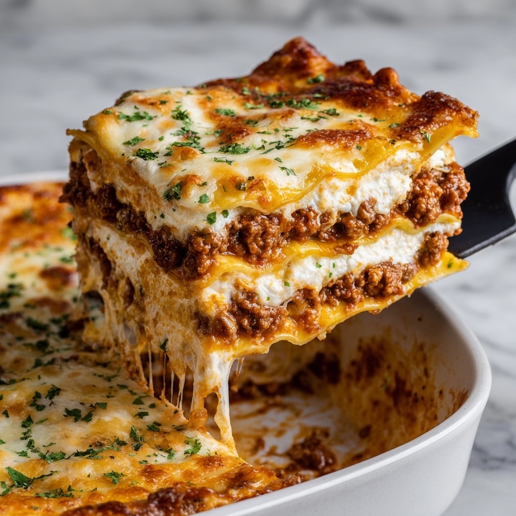 A close-up view of a thick slice of lasagna being lifted from a white dish by a black spatula showing five distinct layers: the top layer is golden-brown melted cheese with some browned spots and sprinkled chopped green herbs; below that is a thick layer of rich, reddish-brown meat sauce with bits of ground beef; next is a creamy white and orange cheese mix layer with a smooth texture; beneath that is a soft, yellow pasta sheet; and the bottom layer shows more meat sauce and melted cheese with some browned edges. The lasagna appears gooey with cheese strings stretching between the slice and the dish, all placed on a white marbled surface. Photo taken with an iphone --ar 4:5 --v 7