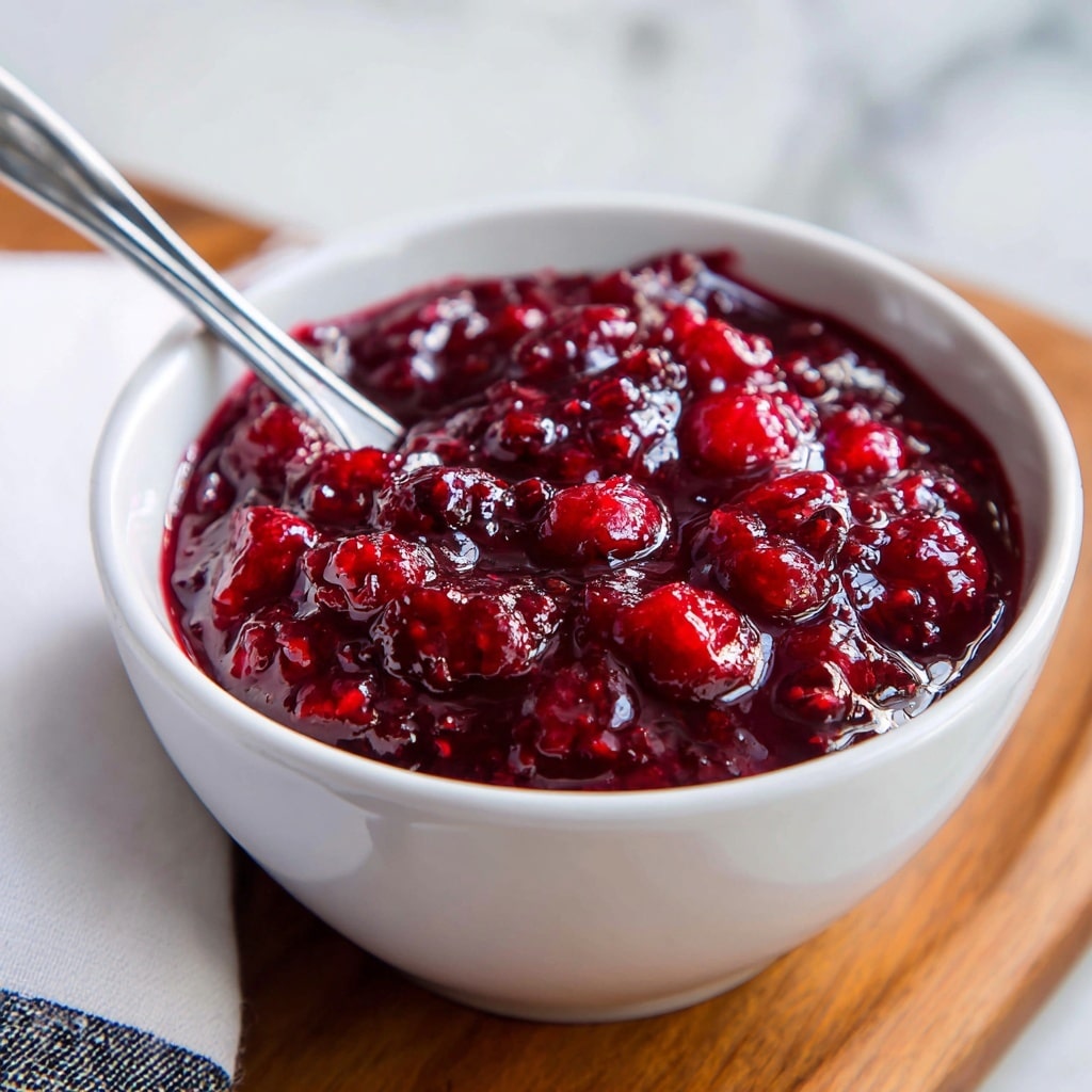 A close-up of a white bowl filled with a thick, glossy, and deep red berry sauce with whole and slightly crushed berries visible throughout. The sauce looks wet and shiny with a jelly-like texture. A silver spoon rests inside the bowl, partially covered by the sauce, showing its thick consistency. The bowl is on a light wooden surface next to a white cloth with a dark border, all set on a white marbled texture. photo taken with an iphone --ar 4:5 --v 7