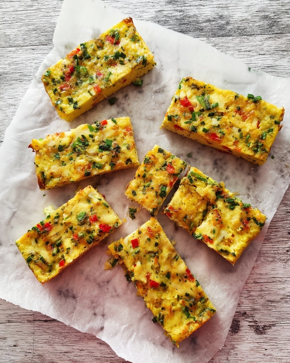 The image shows seven rectangular pieces of a vegetable and cheese bake placed on white baking paper. Each piece has a yellow base with visible green herbs, small red pepper chunks, and melted white cheese on top. The texture looks soft and slightly crispy around the edges. The pieces are arranged in a random pattern on a wooden-like surface, which is changed to a white marbled texture. photo taken with an iphone --ar 4:5 --v 7