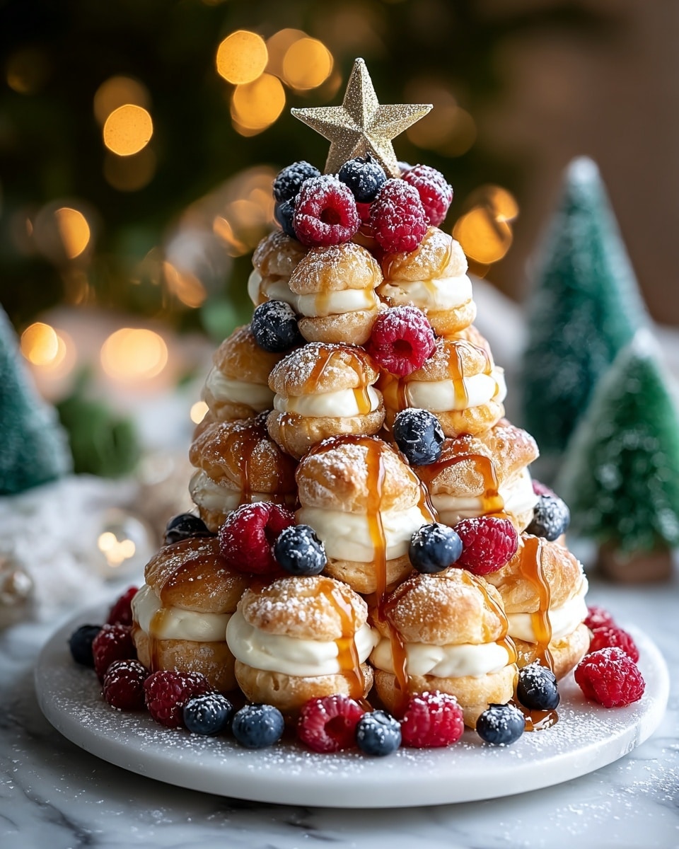 A white plate holds a layered tower dessert shaped like a small Christmas tree, made of five layers of golden puff pastries filled with white cream. Each layer is topped with a mix of fresh red raspberries and dark blue blueberries, some also dusted lightly with powdered sugar. Drizzled caramel sauce shines on the white cream and puff pastries, creating a glossy contrast. A golden star sits at the top, crowning the dessert. Extra berries scatter around the base on the plate, while the background shows soft, warm yellow lights and festive greenery on a white marbled surface. photo taken with an iphone --ar 4:5 --v 7