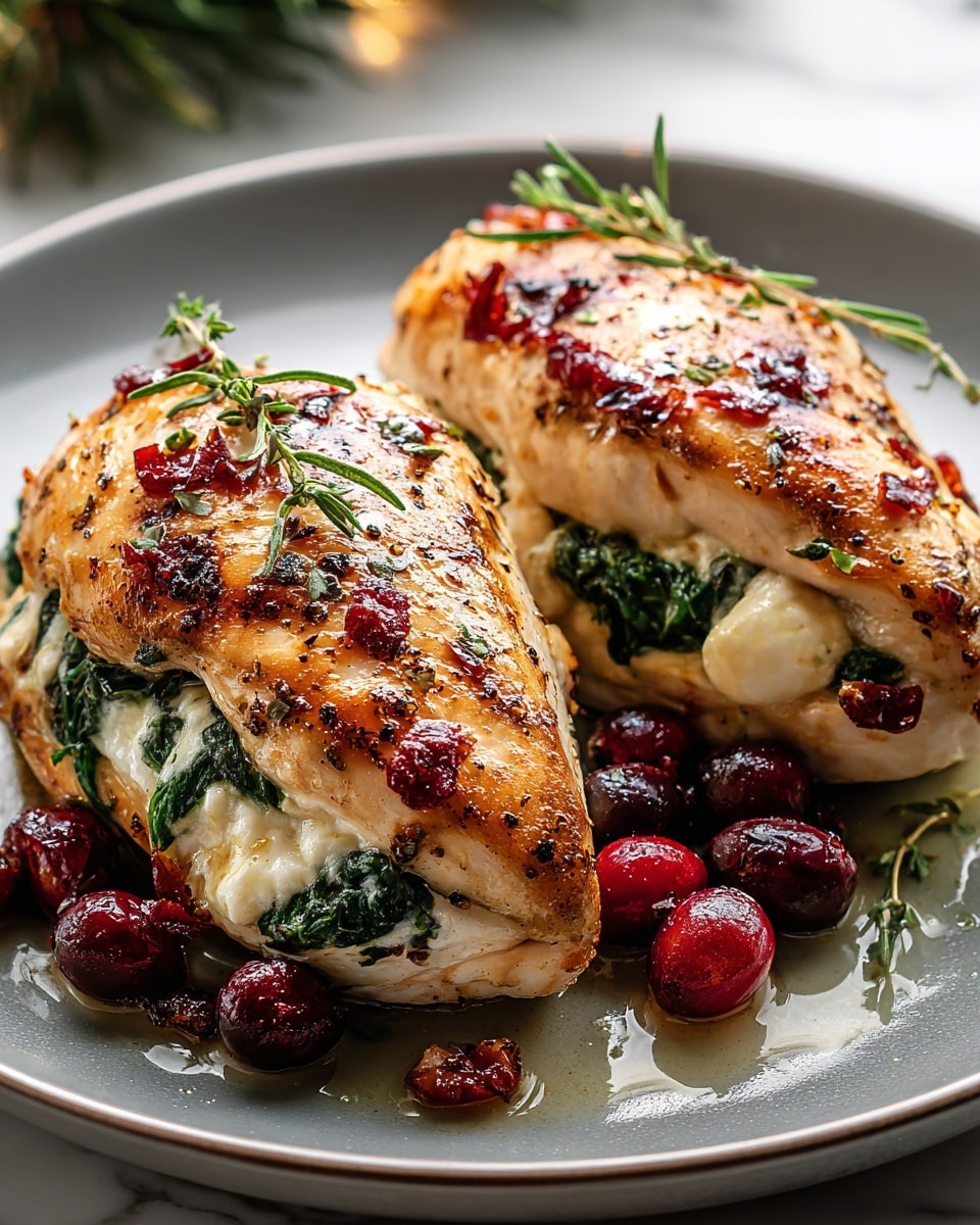 The dish shows two pieces of golden-brown, crispy chicken breasts stuffed with creamy white cheese and green spinach inside, placed on a bed of bright green cooked spinach leaves. Small dark red berries are scattered over and around the chicken, with a glossy sauce pooling slightly on the white plate beneath. Each chicken piece is topped with a single red berry and a small sprig of fresh thyme, adding a touch of green. The texture of the chicken skin looks crunchy, while the inside appears soft and creamy. The scene is set on a white marbled surface. photo taken with an iphone --ar 4:5 --v 7