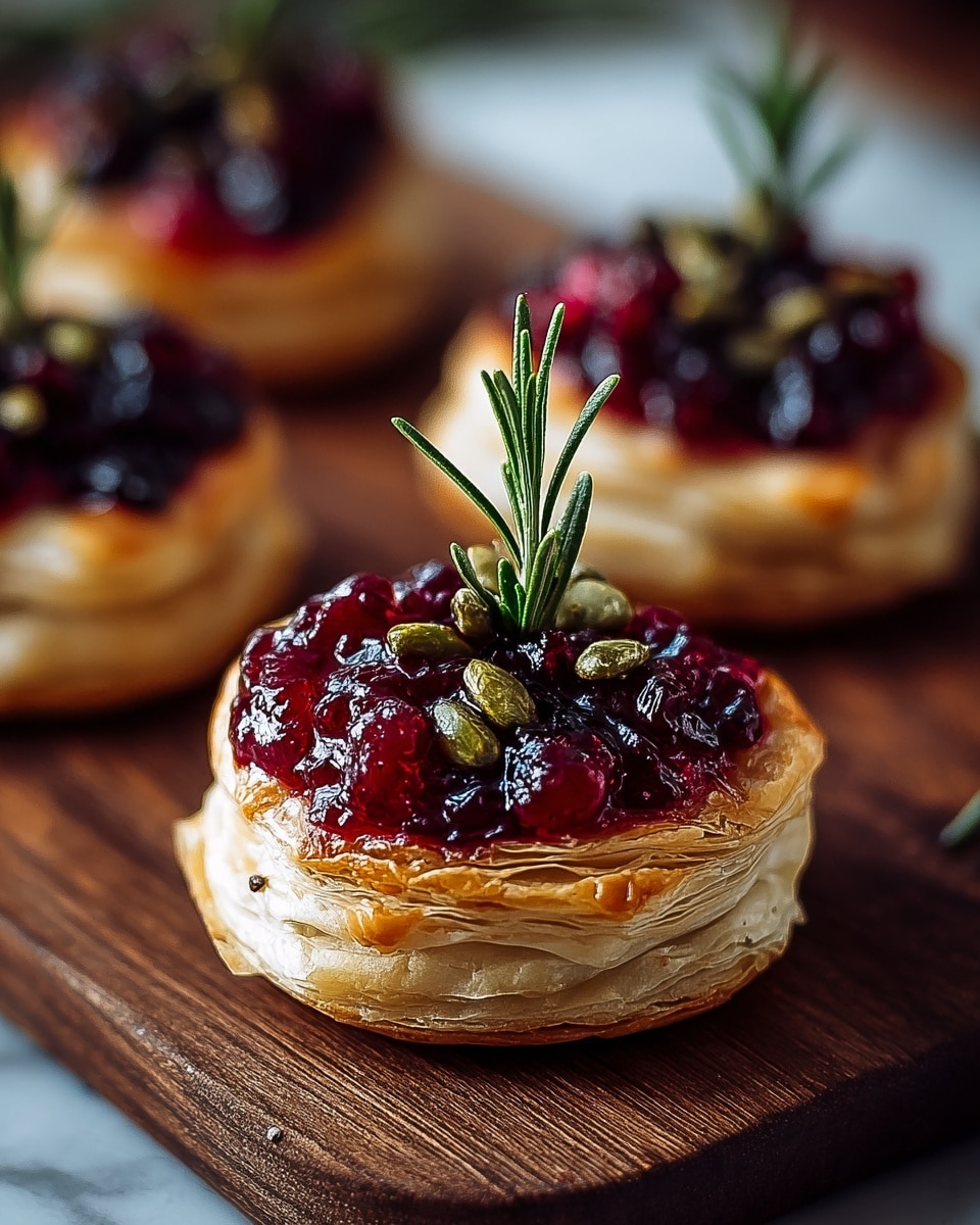 The image shows four small round pastries on a wooden board, each with three visible layers of golden, flaky puff pastry forming a shallow cup shape. Inside these pastry cups is a glossy, deep red berry filling with a slightly uneven, chunky texture. On top of the filling, there are several whole bright red berries and small green nut pieces scattered around. Each pastry is garnished with a small sprig of fresh green rosemary standing upright in the center. The background has a soft focus, emphasizing the details and texture of the pastries in the foreground. Photo taken with an iphone --ar 4:5 --v 7