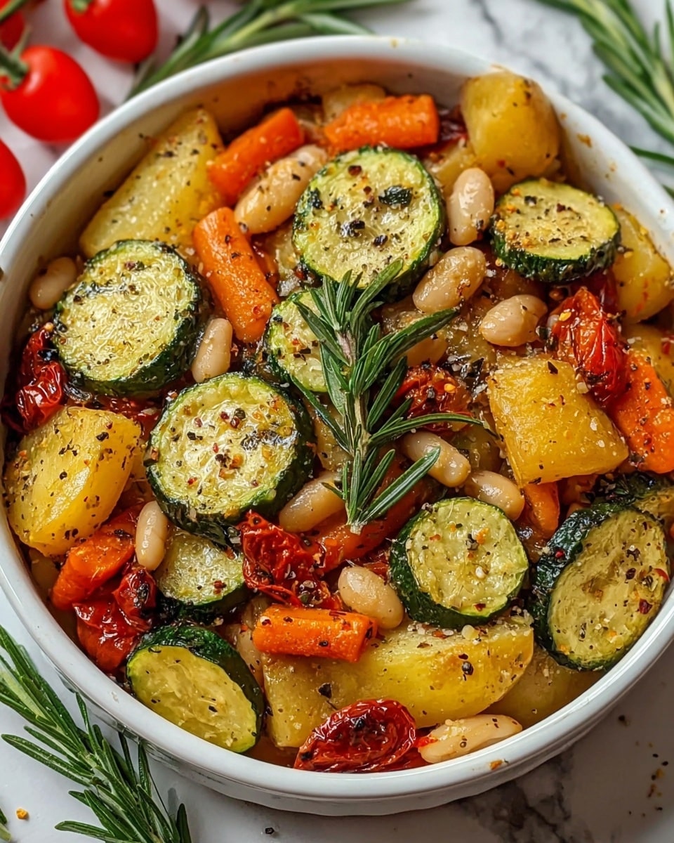 A white bowl filled with a mix of roasted vegetables and beans. The bottom layer is golden roasted potatoes, scattered with caramelized onions and orange carrots cut into sticks. On top are thick green zucchini slices with soft, roasted red cherry tomatoes. White beans are mixed throughout, some slightly browned. The dish is sprinkled with dried herbs and cracked black pepper. In the center, a fresh green rosemary sprig decorates the colorful mix. The bowl sits on a white marbled surface with a soft natural light highlighting the texture and colors. photo taken with an iphone --ar 4:5 --v 7