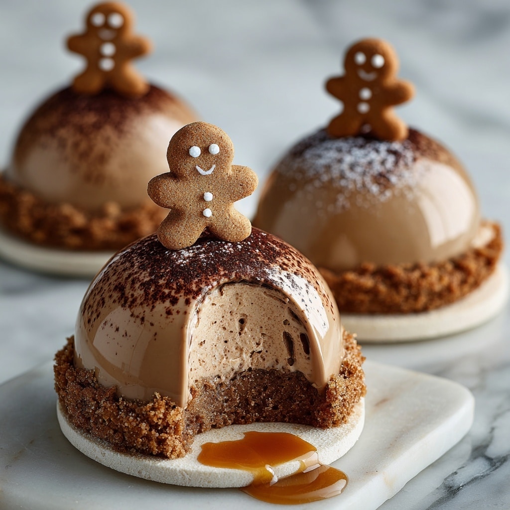 The image shows glossy, smooth, dome-shaped gingerbread latte mousse desserts placed on round white biscuit bases, each topped with a small gingerbread cookie shaped like a person. The domes have a shiny milk chocolate color, and a dusting of cocoa powder is sprinkled near the top center of each dome. One dome is cut open, revealing a fluffy, light brown mousse interior with a slightly bubbly texture, above a thick, crumbly biscuit layer. There is a drizzle of caramel sauce beside the cut dome, all set on a white marbled surface. Photo taken with an iphone --ar 4:5 --v 7