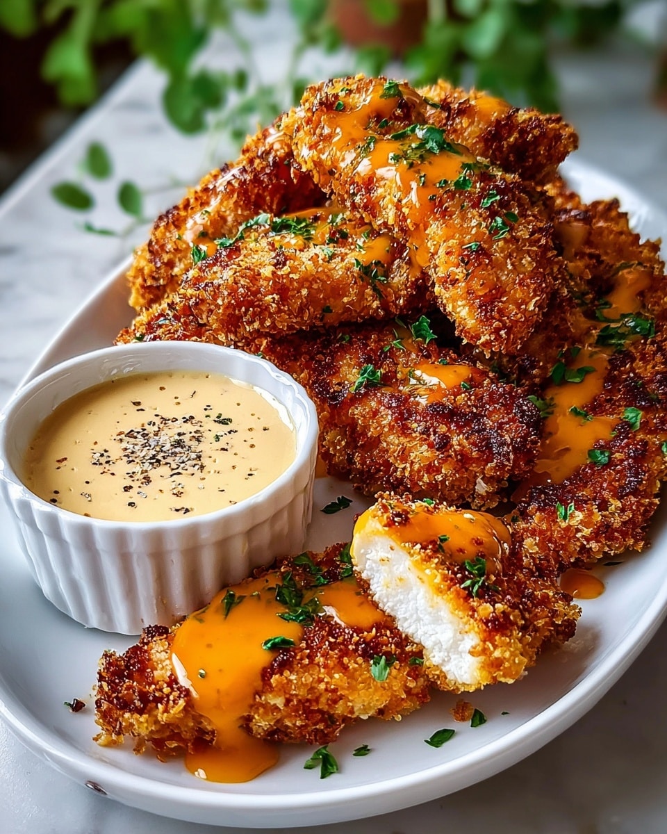 A white bowl filled with several pieces of crispy, golden-brown fried chicken tenders stacked unevenly, with one tender broken open to show the white juicy inside. The chicken has a crunchy textured coating with a drizzle of thick, bright orange sauce on top and small green herb garnishes scattered around. On the side inside the bowl is a white ramekin filled with a creamy, pale sauce topped with black pepper. The bowl is placed on a white marbled surface with some green plants blurred in the background. photo taken with an iphone --ar 4:5 --v 7