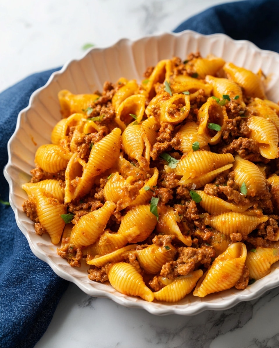 A white bowl filled with three layers of food, starting with small shell pasta that is light orange and smooth, mixed with a thick, chunky ground meat sauce that is brown with bits of tomato and herbs throughout; the top layer is sprinkled with small, bright green chopped herbs. The bowl is placed on a white marbled surface with a few green herb leaves scattered around. A dark blue cloth is folded loosely to the side, and part of a large metal pot with more pasta is visible at the top right. Photo taken with an iphone --ar 4:5 --v 7