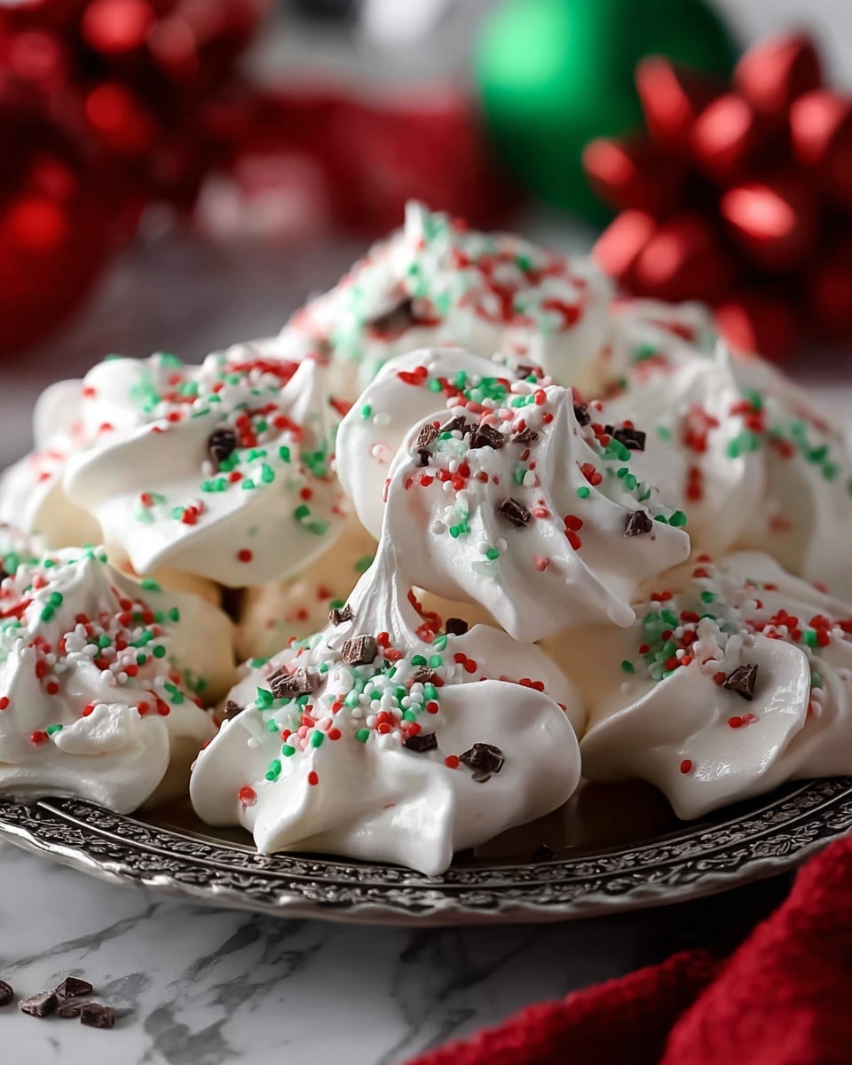 The image shows a plate filled with several white meringue cookies, each with a swirled, soft texture and a glossy finish. They are topped with colorful red, green, and white sprinkles that add a festive touch, with small chocolate bits scattered among the sprinkles. The meringues sit closely together on a detailed, dark plate placed on a white marbled surface. In the background, blurred red and green holiday-themed decorations add a cheerful vibe to the scene. The focus is tight on the cookies, highlighting their light and airy texture. Photo taken with an iphone --ar 4:5 --v 7
