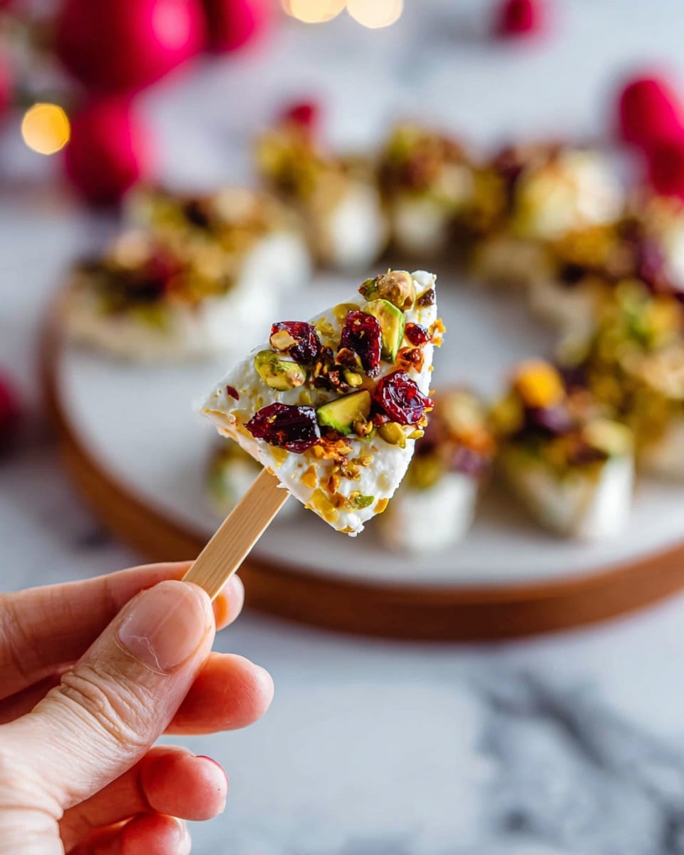 The image shows a wooden board with a black slate top holding 15 small triangular cheese pieces with three visible layers: a white creamy cheese base, a smooth white top coating, and a colorful topping of chopped yellow-orange dried fruit, dark red dried berries, green pistachio pieces, and small green herb leaves, each piece pierced with a wooden skewer from the bottom. The board is placed on a white marbled surface surrounded by whole red cranberries, pistachio nuts, and red Christmas ornaments. In the background, there is a white star-shaped candle holder with two yellow beeswax candles and red berries inside. Photo taken with an iphone --ar 4:5 --v 7