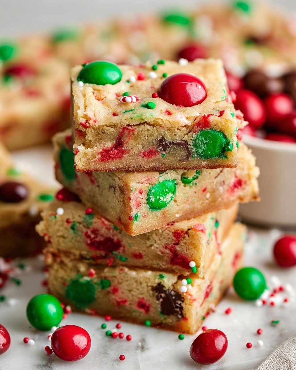 A stack of three thick square blondie bars with a soft, crumbly texture is shown on a white marbled surface. Each blondie is cream-colored with green, red, and brown chocolate candies embedded throughout. The candies on top are shiny and round, with bright red and green colors standing out against the light dough. Around the base of the stack, extra red and green candies are scattered, adding a colorful accent. The background shows more blurry blondie pieces and a few candies, keeping the focus on the stack in front. Photo taken with an iphone --ar 4:5 --v 7