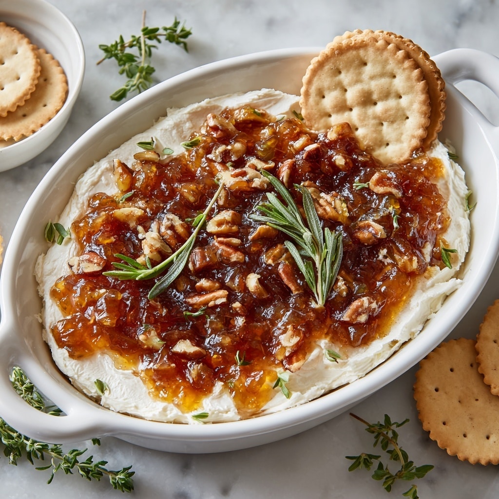 The dish is served in a white oval ceramic dish with handles on each side. The bottom layer is a creamy white cheese spread that looks smooth and thick. On top of this, a glossy amber-colored fruit jam is spread unevenly, creating a shiny texture. Scattered across the jam are small pieces of chopped pecans, adding a rough, crunchy texture. There are also fresh green herb sprigs, likely rosemary and thyme, placed on top, adding a touch of color and freshness. A round, pale golden cracker partially dipped in the cheese and jam sits near the upper middle area, leaning against the edge of the dish. The dish is placed on a white marbled surface with a few loose herb sprigs and additional crackers in white bowls around it. photo taken with an iphone --ar 4:5 --v 7