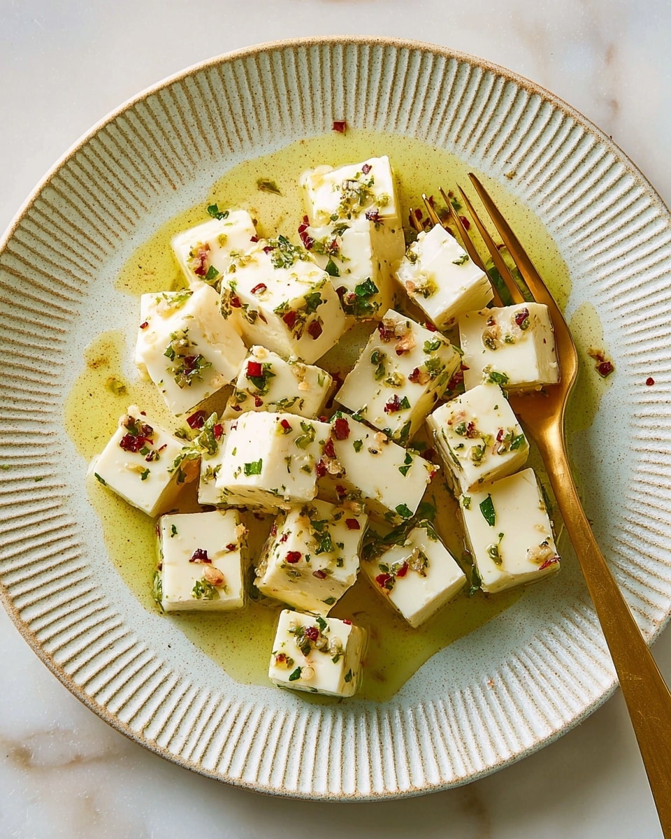 A round white plate with ridged edges holds 25 to 30 small cubes of white cheese tossed with green herbs and red chili flakes. The cheese cubes are evenly coated with a thin layer of golden olive oil pooling at the bottom of the plate, making them look shiny and fresh. A golden small fork rests diagonally along the plate's right edge on the ridges. The setting is on a white marbled surface that adds a clean and elegant touch to the image. photo taken with an iphone --ar 4:5 --v 7