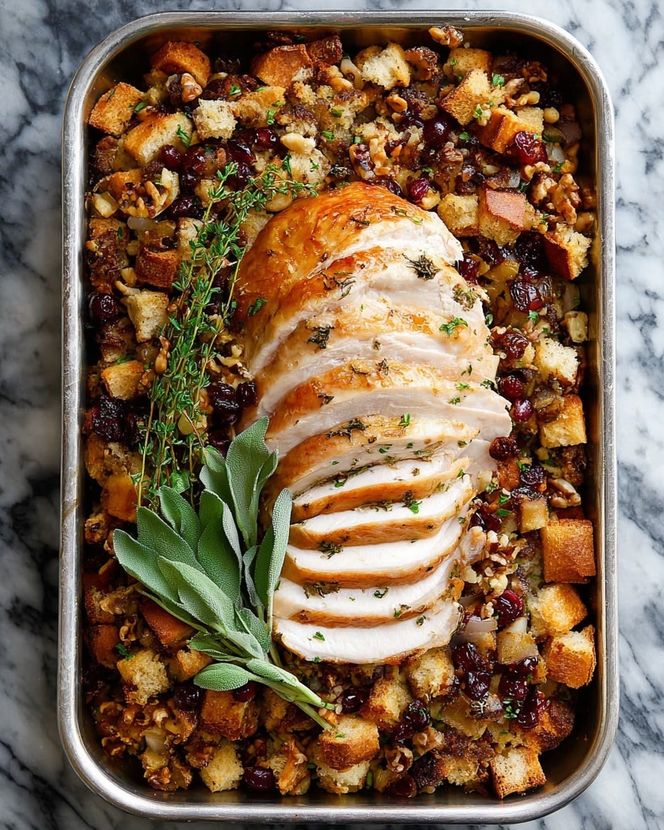 A dish with a sliced roasted chicken breast on top of a bed of stuffing is shown. The chicken breast has about nine thick slices arranged in a neat row, with a golden-brown crispy skin and white juicy meat inside. The stuffing underneath is made of bread cubes browned to a golden color, mixed with bits of herbs, green leaves, and small pieces of dried cranberries or similar red fruit, giving a mix of green, golden, and dark red colors. A few fresh green herb sprigs are placed on the side as decoration. The dish is set on a white plate with a white marbled background. Photo taken with an iphone --ar 4:5 --v 7
