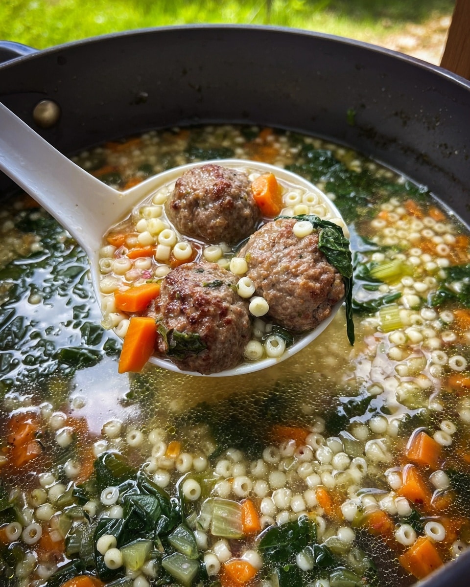 A large grey pot filled with a soup-like dish featuring three visible layers: a base broth with a shiny, slightly oily texture, small light yellow round grains floating throughout, chopped orange carrot pieces scattered evenly, and large dark green spinach leaves placed on top, some partially submerged; a wooden spoon is stirring the mixture on the right side of the pot. In the background, a white baking tray lined with parchment paper holds several uncooked brownish meatballs arranged in neat rows. The whole scene is set on a white marbled surface. photo taken with an iphone --ar 4:5 --v 7