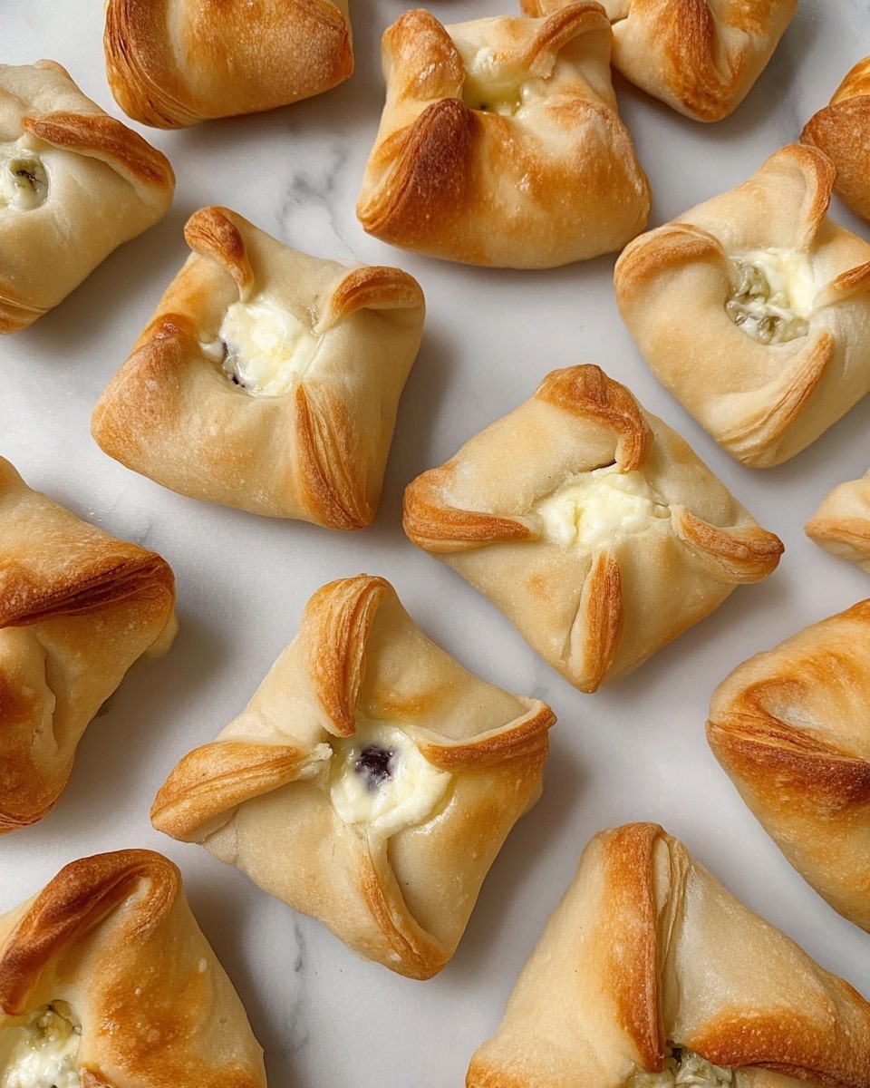 A tray filled with thirteen square-shaped baked pastries with a lightly golden brown crust. Each pastry has edges folded over, slightly pinched at the top center, creating small peaks and folds with bursts of white creamy filling visible through the openings. The pastries rest on light brown parchment paper, placed inside a dark baking tray. The surface underneath appears to be a white marbled texture. photo taken with an iphone --ar 4:5 --v 7